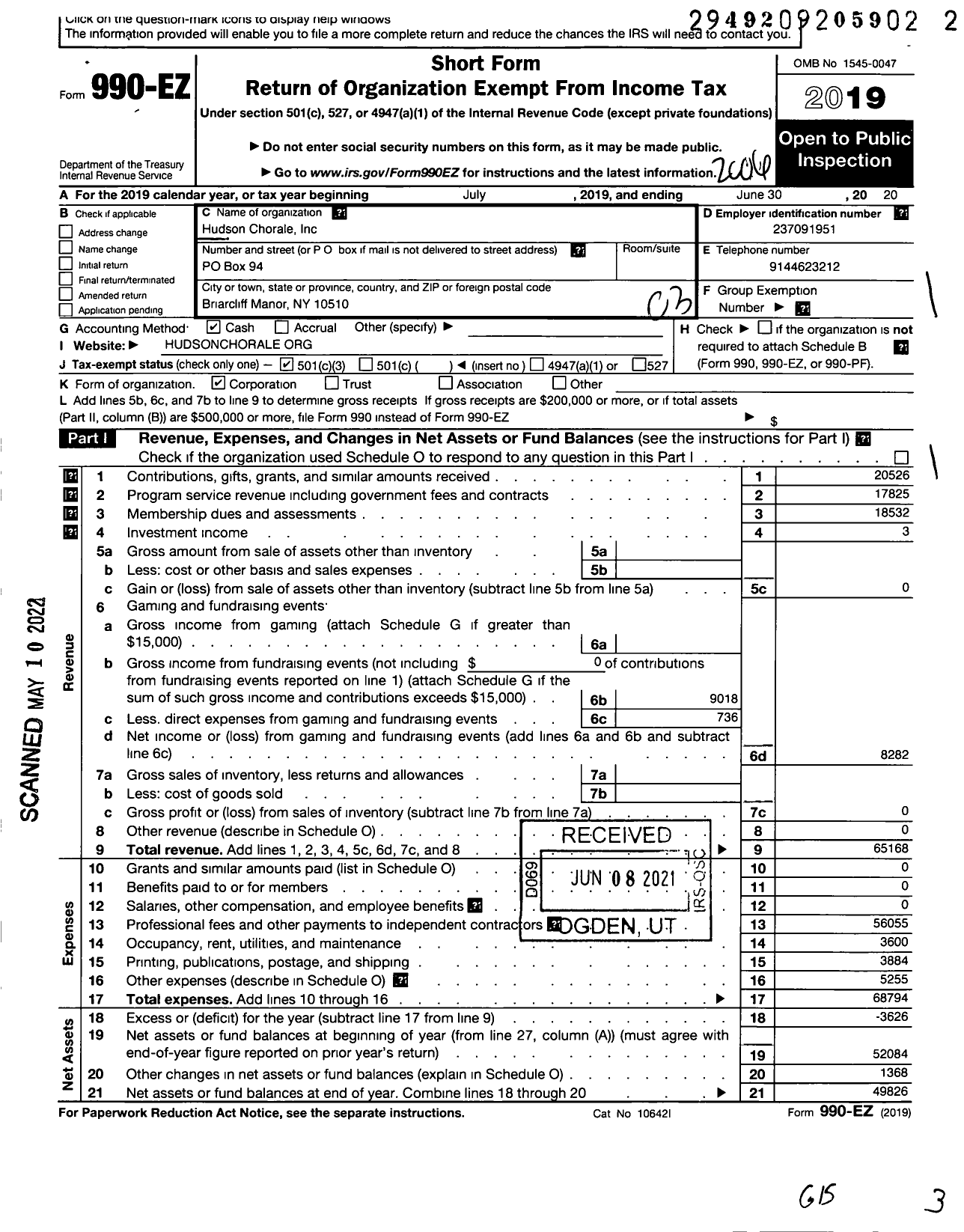 Image of first page of 2019 Form 990EZ for Hudson Chorale