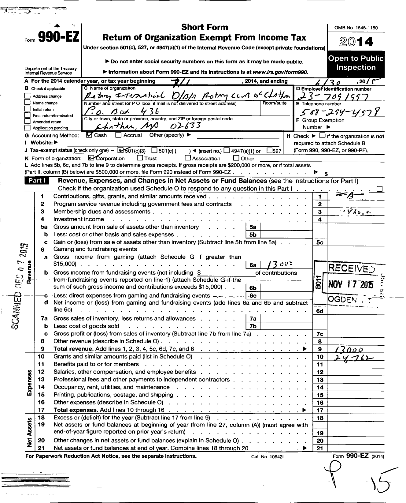 Image of first page of 2014 Form 990EZ for Rotary International - Chatham Rotary Club