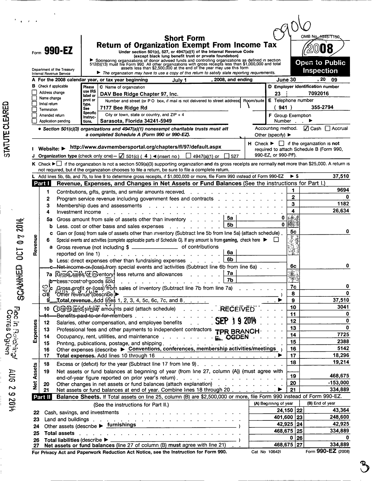 Image of first page of 2008 Form 990EO for Disabled American Veterans