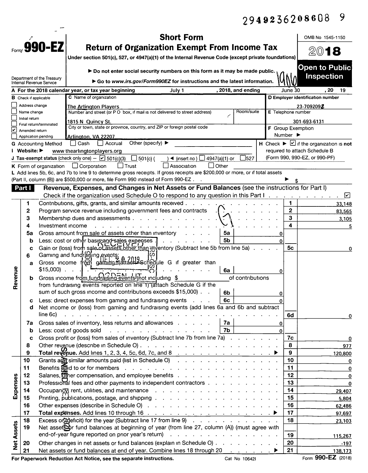 Image of first page of 2018 Form 990EZ for Arlington Players