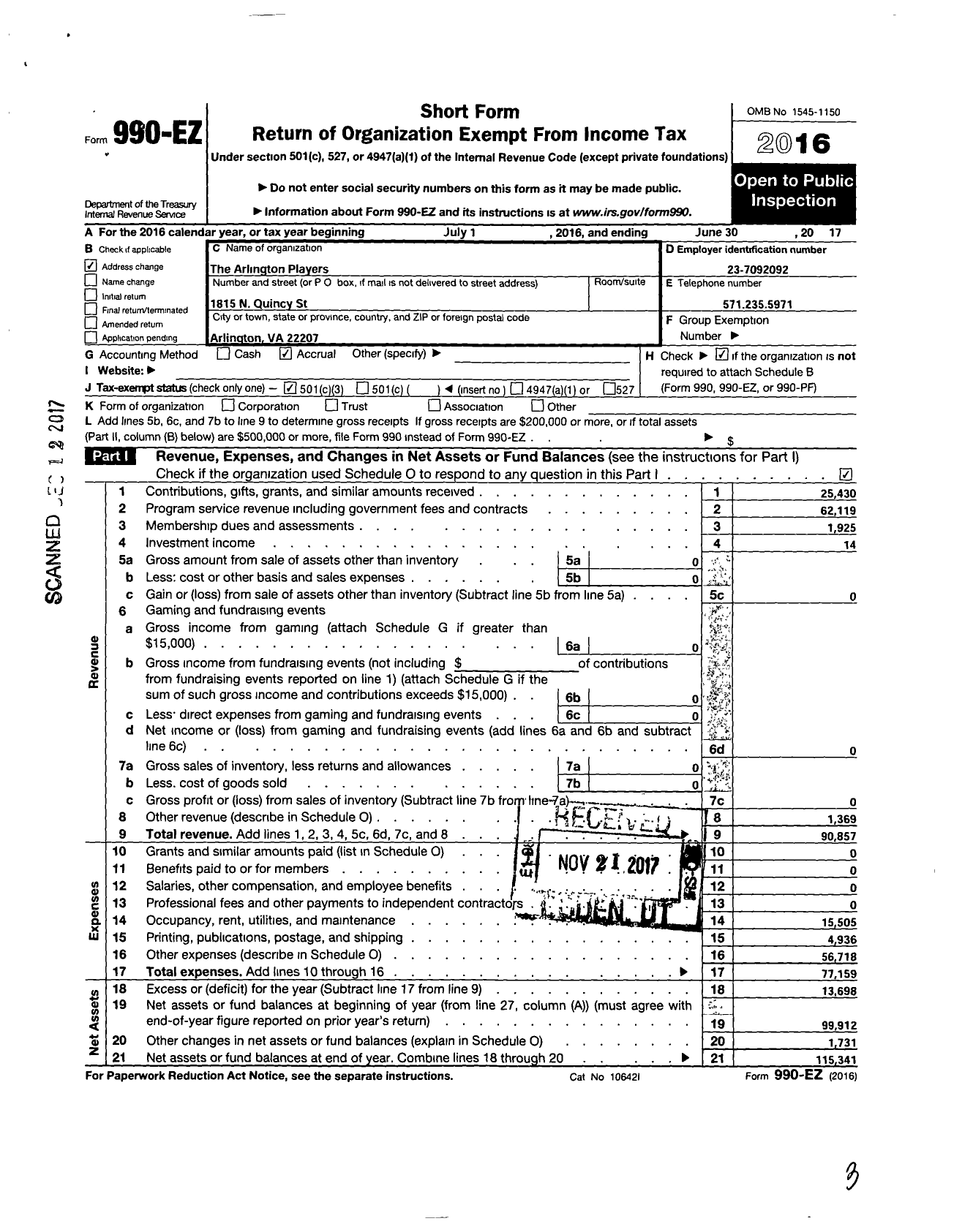 Image of first page of 2016 Form 990EZ for Arlington Players