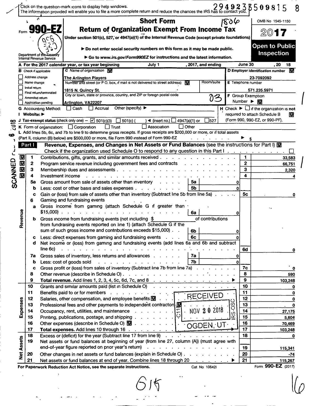 Image of first page of 2017 Form 990EZ for Arlington Players