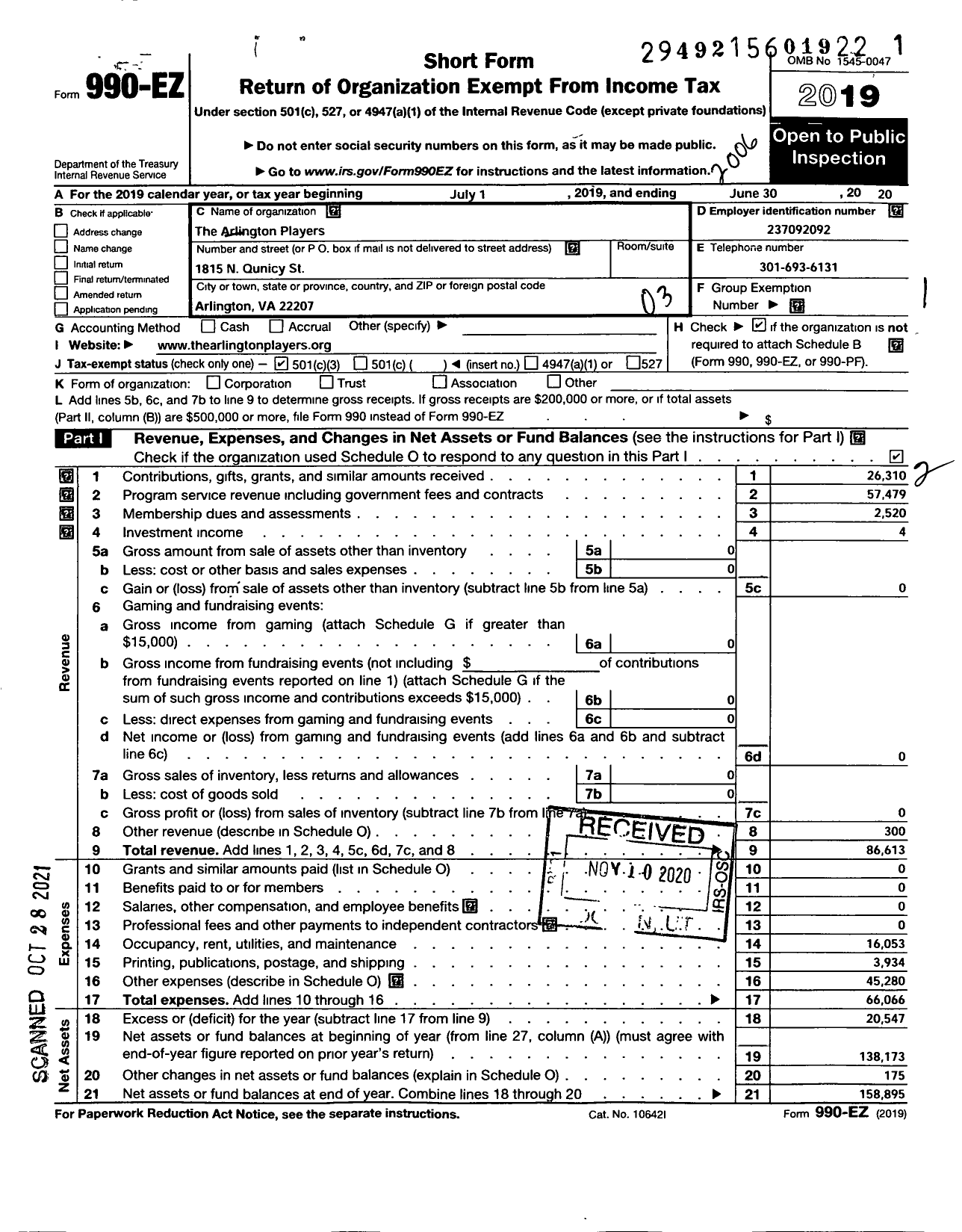 Image of first page of 2019 Form 990EZ for Arlington Players