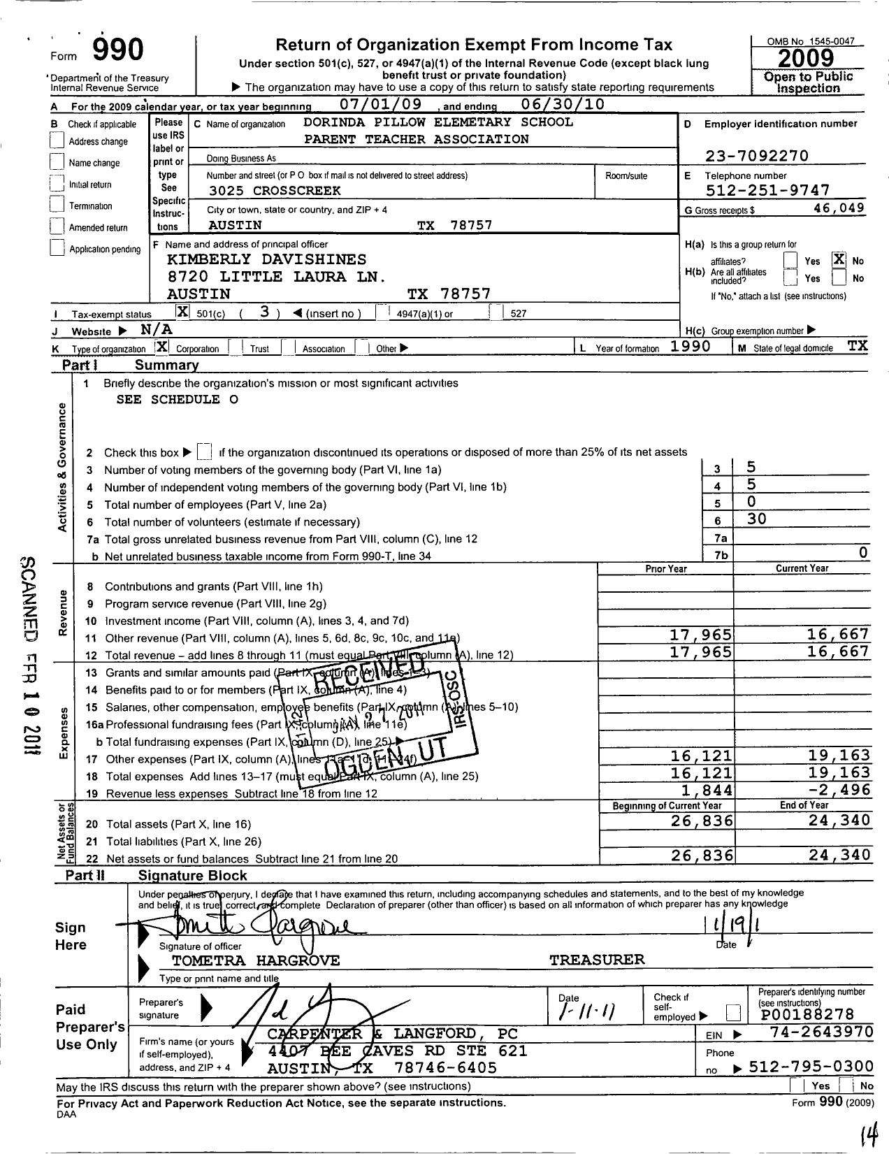 Image of first page of 2009 Form 990 for Texas PTA - Dorinda Pillow Elementary PTA