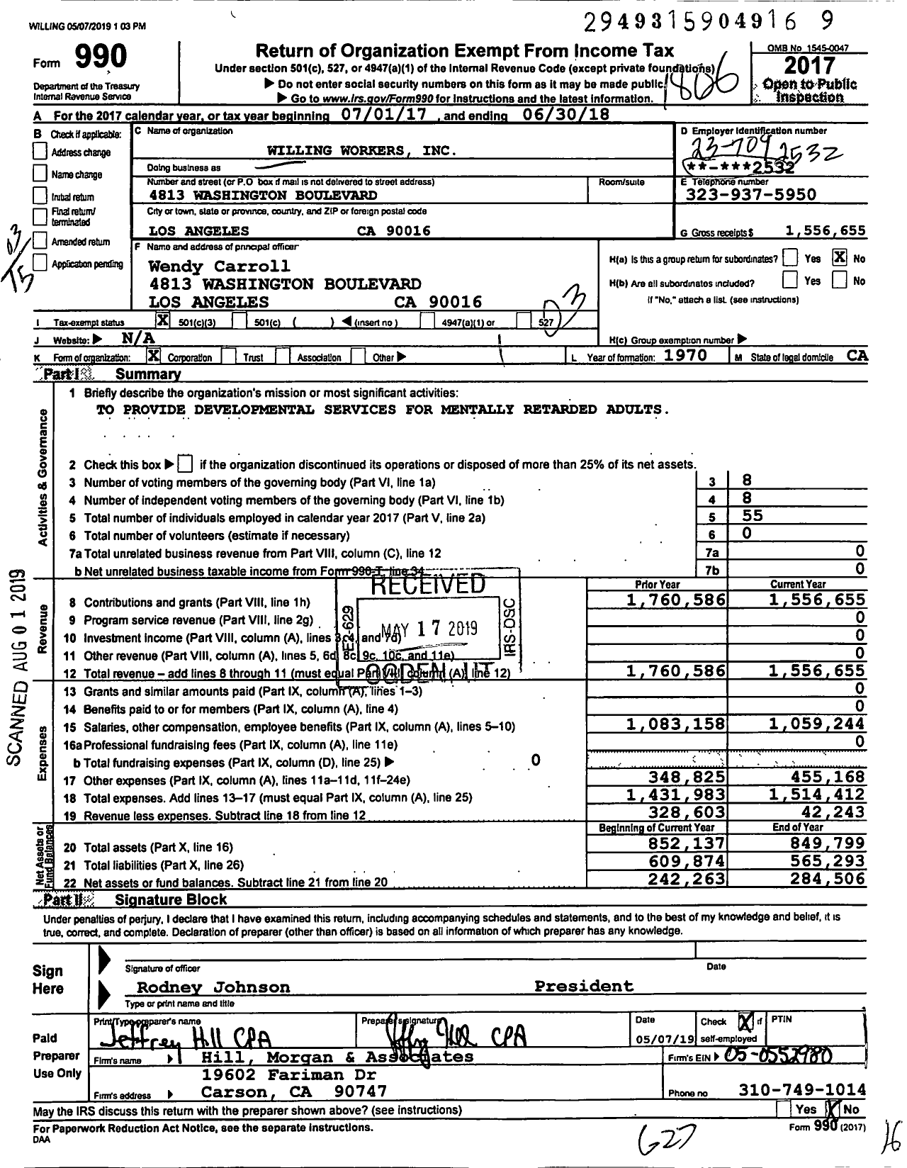 Image of first page of 2017 Form 990 for Willing Workers Incorporated