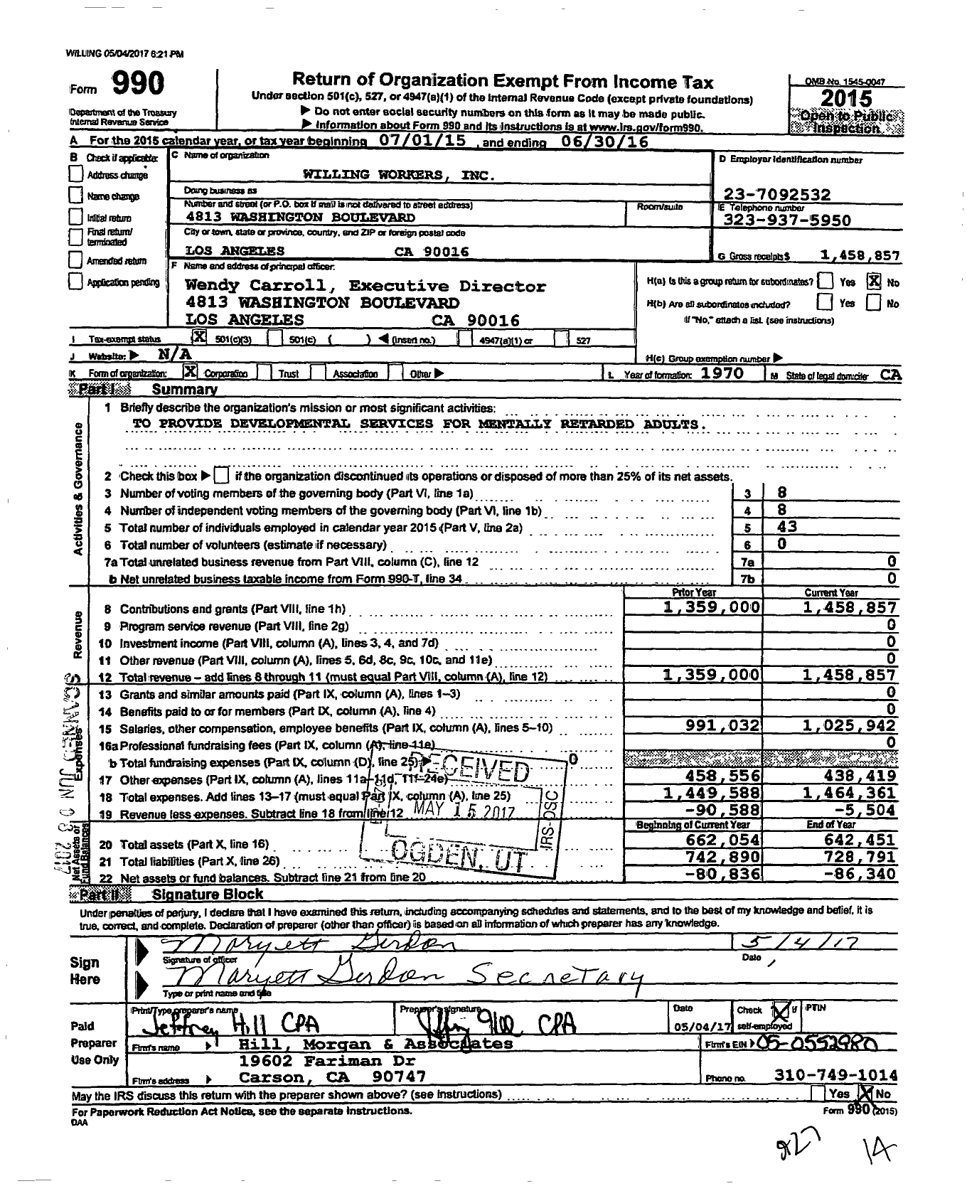 Image of first page of 2015 Form 990 for Willing Workers Incorporated