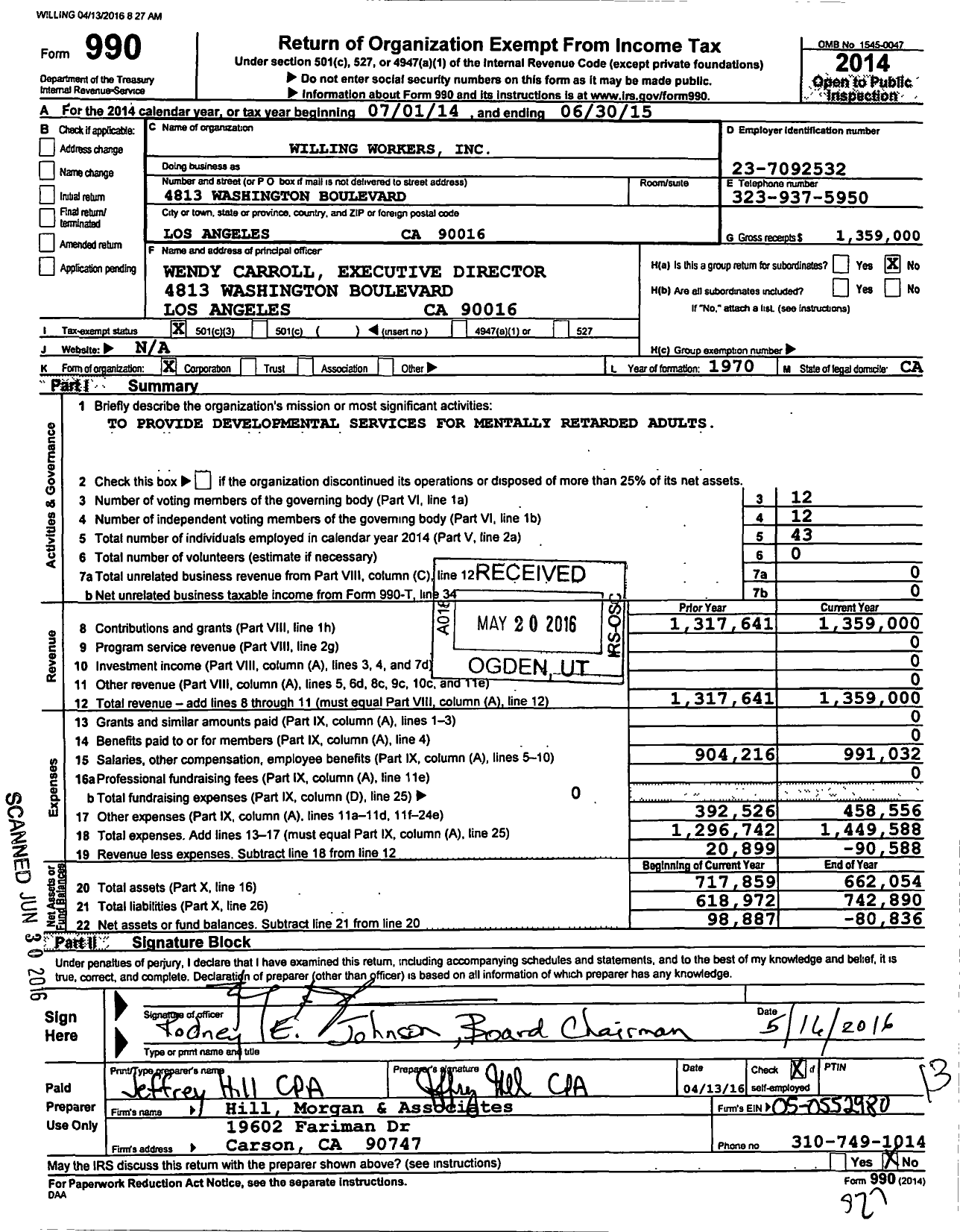 Image of first page of 2014 Form 990 for Willing Workers Incorporated