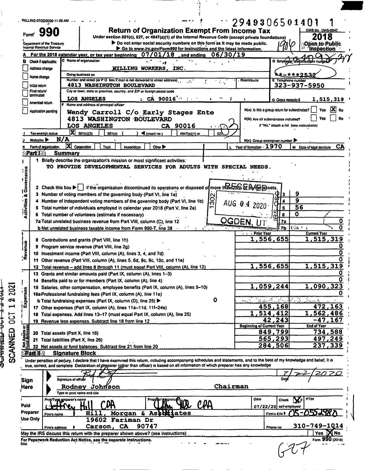 Image of first page of 2018 Form 990 for Willing Workers Incorporated