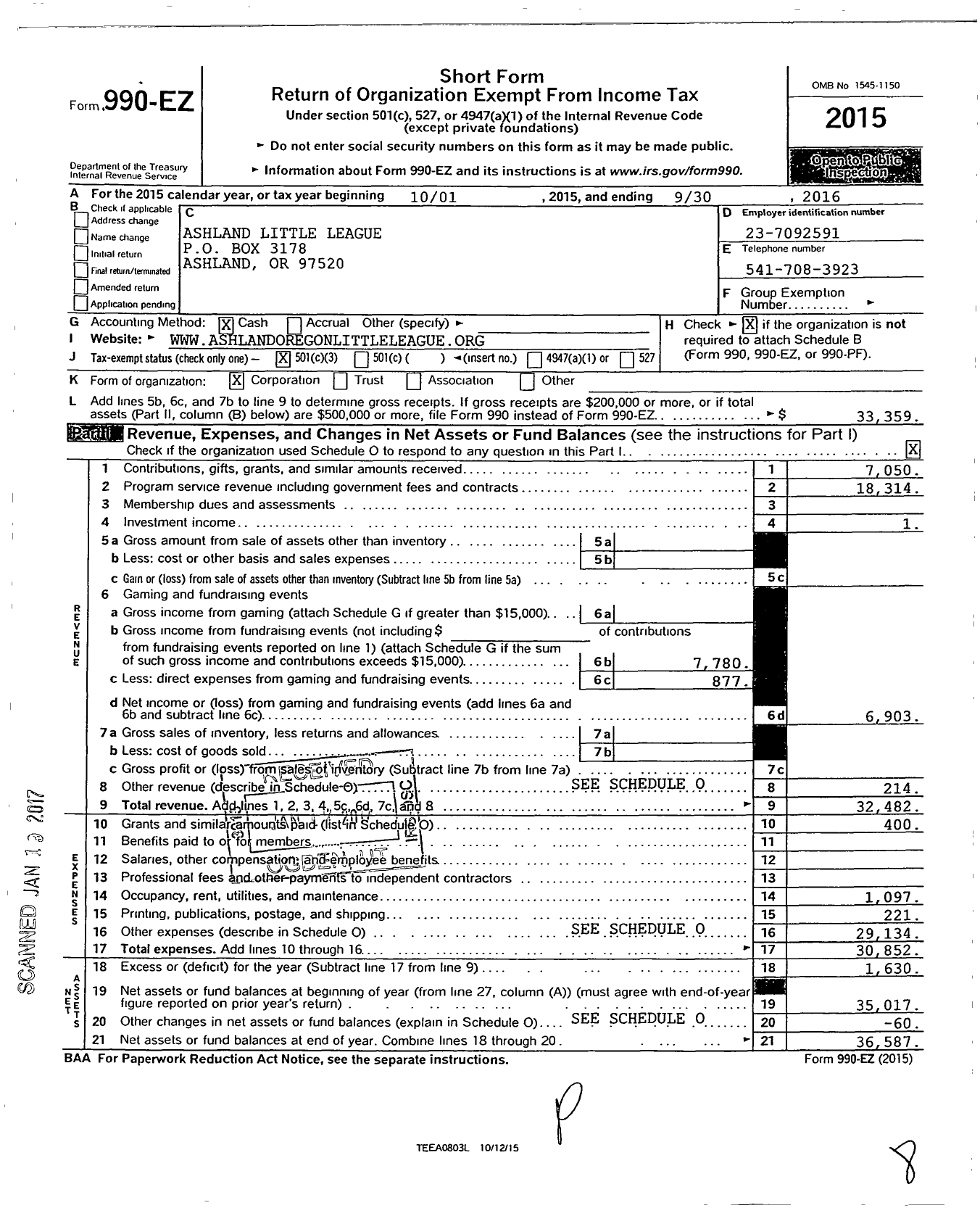 Image of first page of 2015 Form 990EZ for Little League Baseball - 4370615 Ashland LL