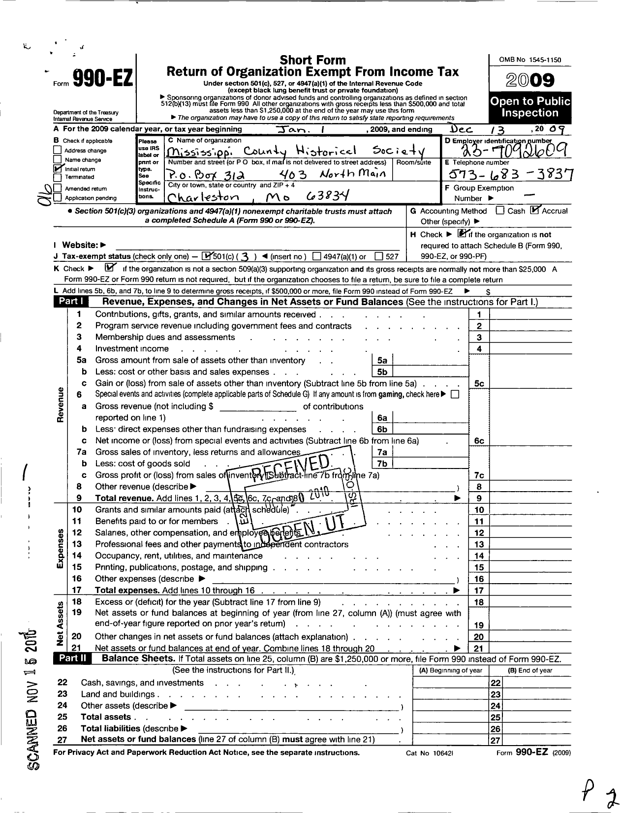 Image of first page of 2009 Form 990EZ for Mississippi County Historical Society