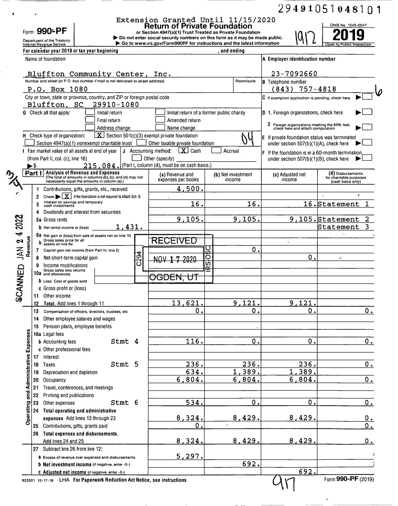 Image of first page of 2019 Form 990PF for Bluffton Community Center