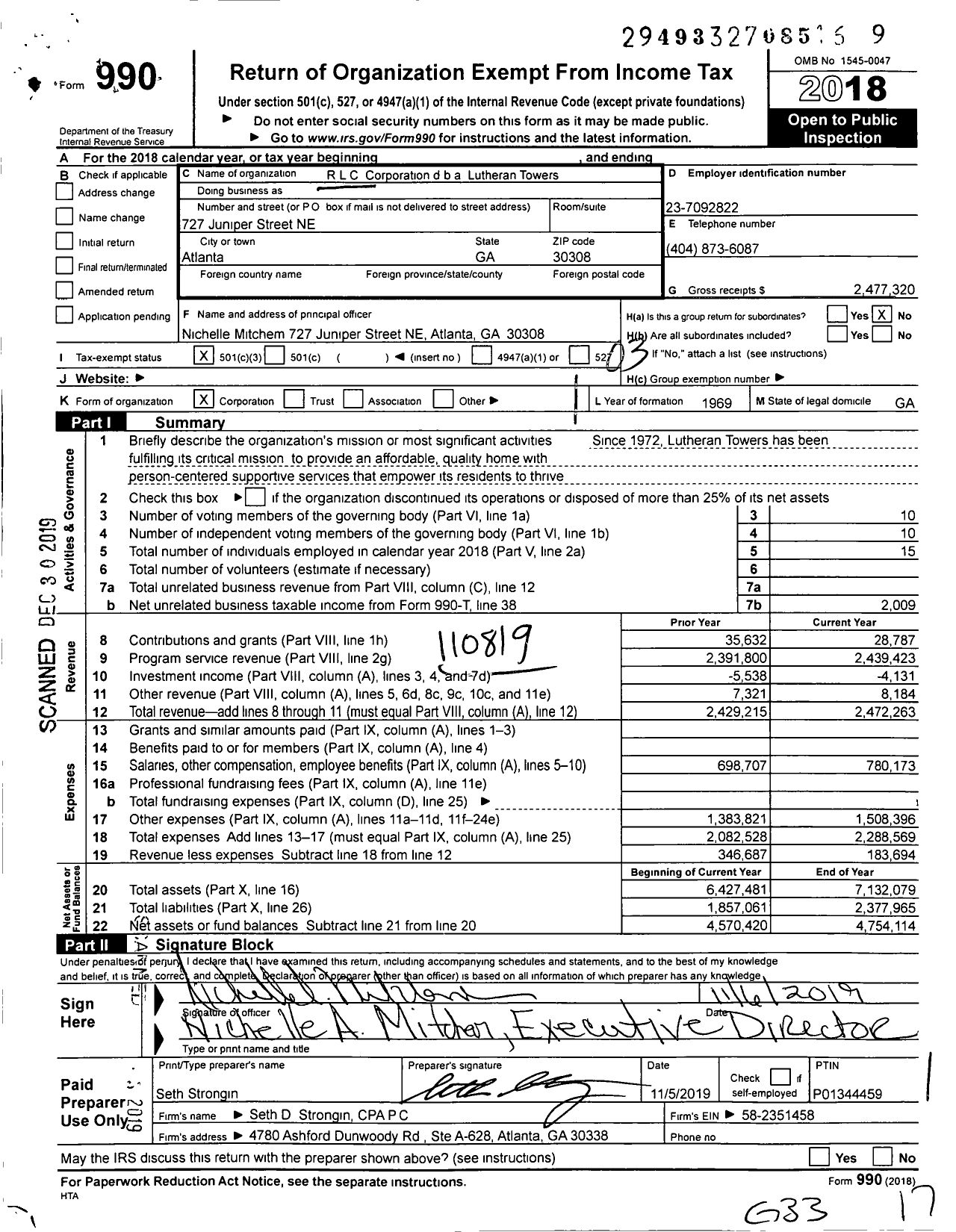 Image of first page of 2018 Form 990 for Lutheran Towers