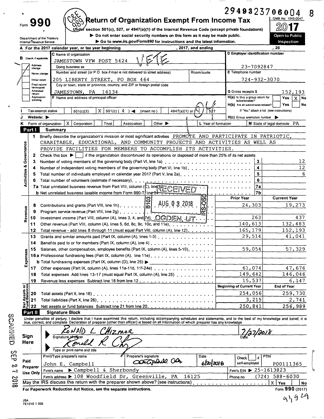Image of first page of 2017 Form 990O for VFW Department of Pennsylvania - Jamestown VFW Post 5424