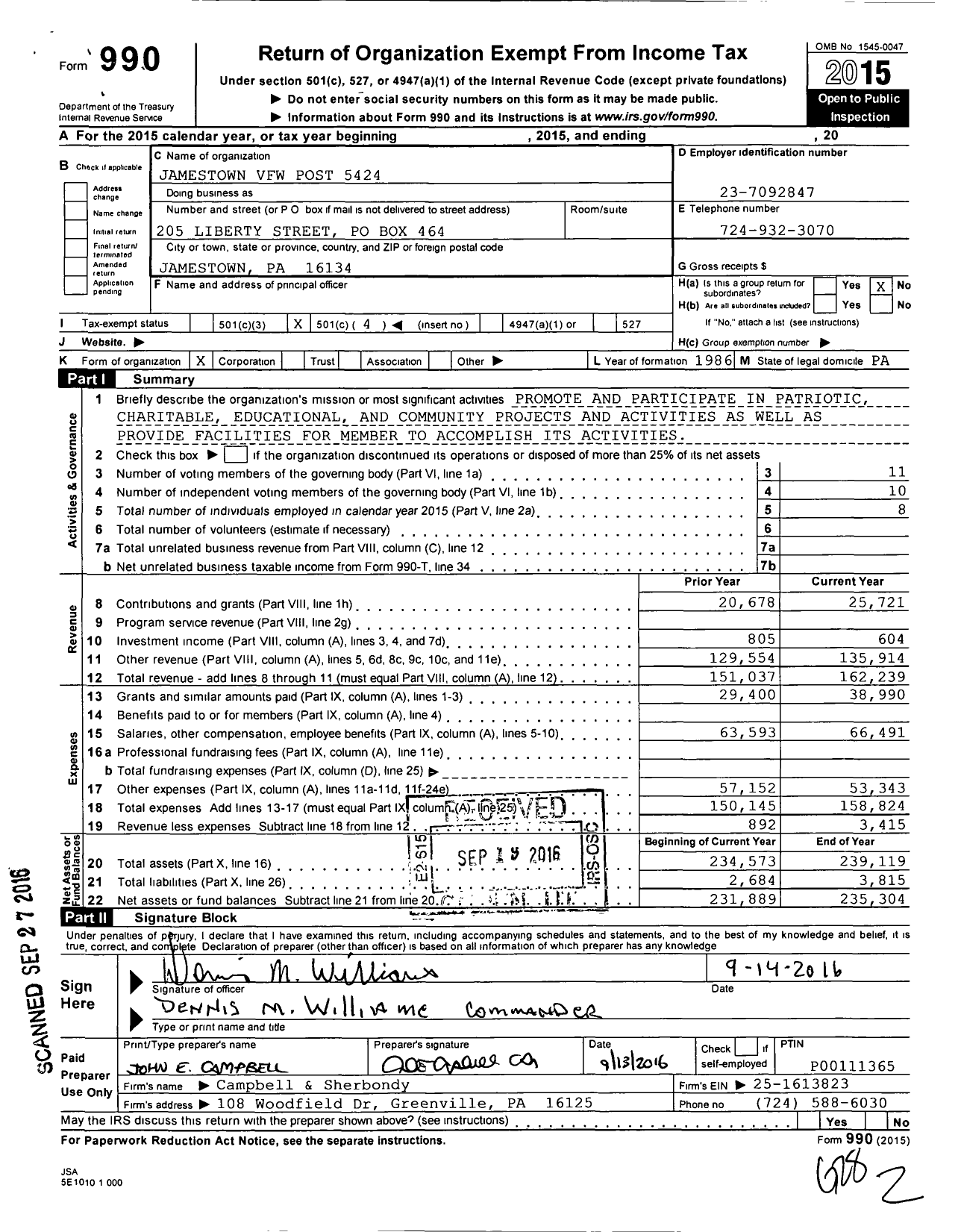 Image of first page of 2015 Form 990O for VFW Department of Pennsylvania - Jamestown VFW Post 5424