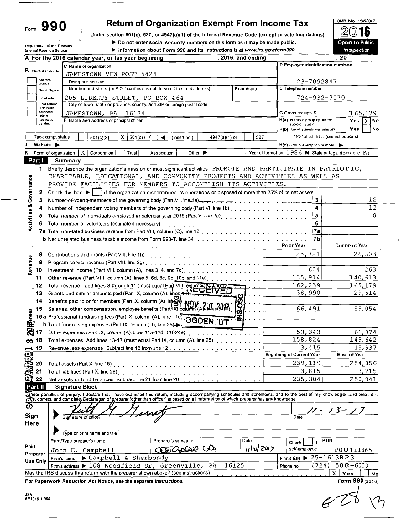 Image of first page of 2016 Form 990O for VFW Department of Pennsylvania - Jamestown VFW Post 5424