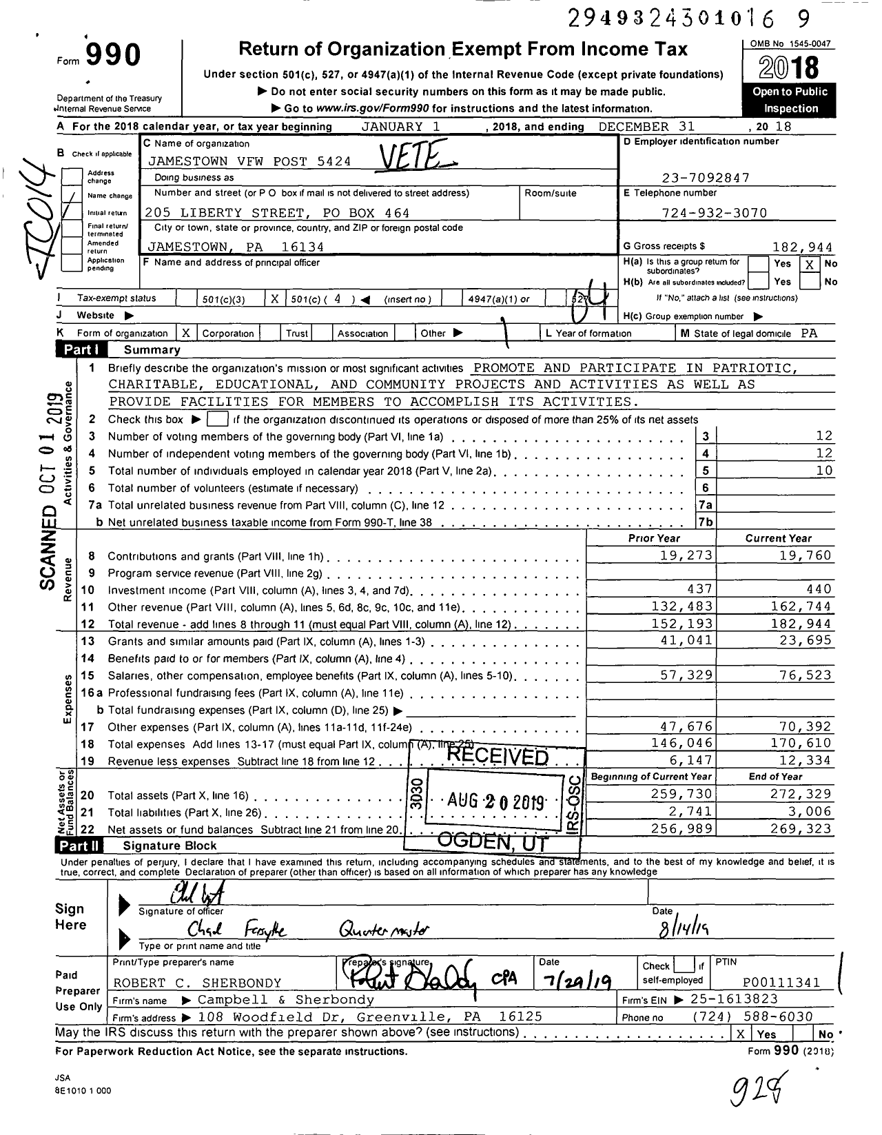 Image of first page of 2018 Form 990O for VFW Department of Pennsylvania - Jamestown VFW Post 5424
