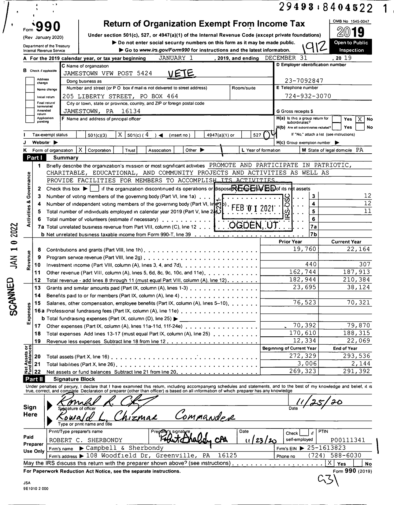 Image of first page of 2019 Form 990O for VFW Department of Pennsylvania - Jamestown VFW Post 5424