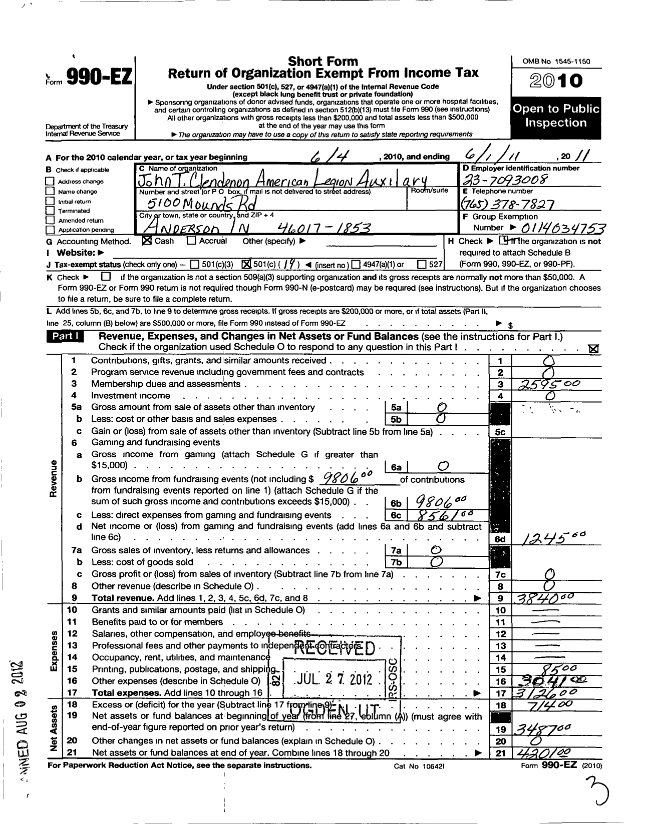 Image of first page of 2010 Form 990EO for American Legion Auxiliary - 408 John T Clendenen