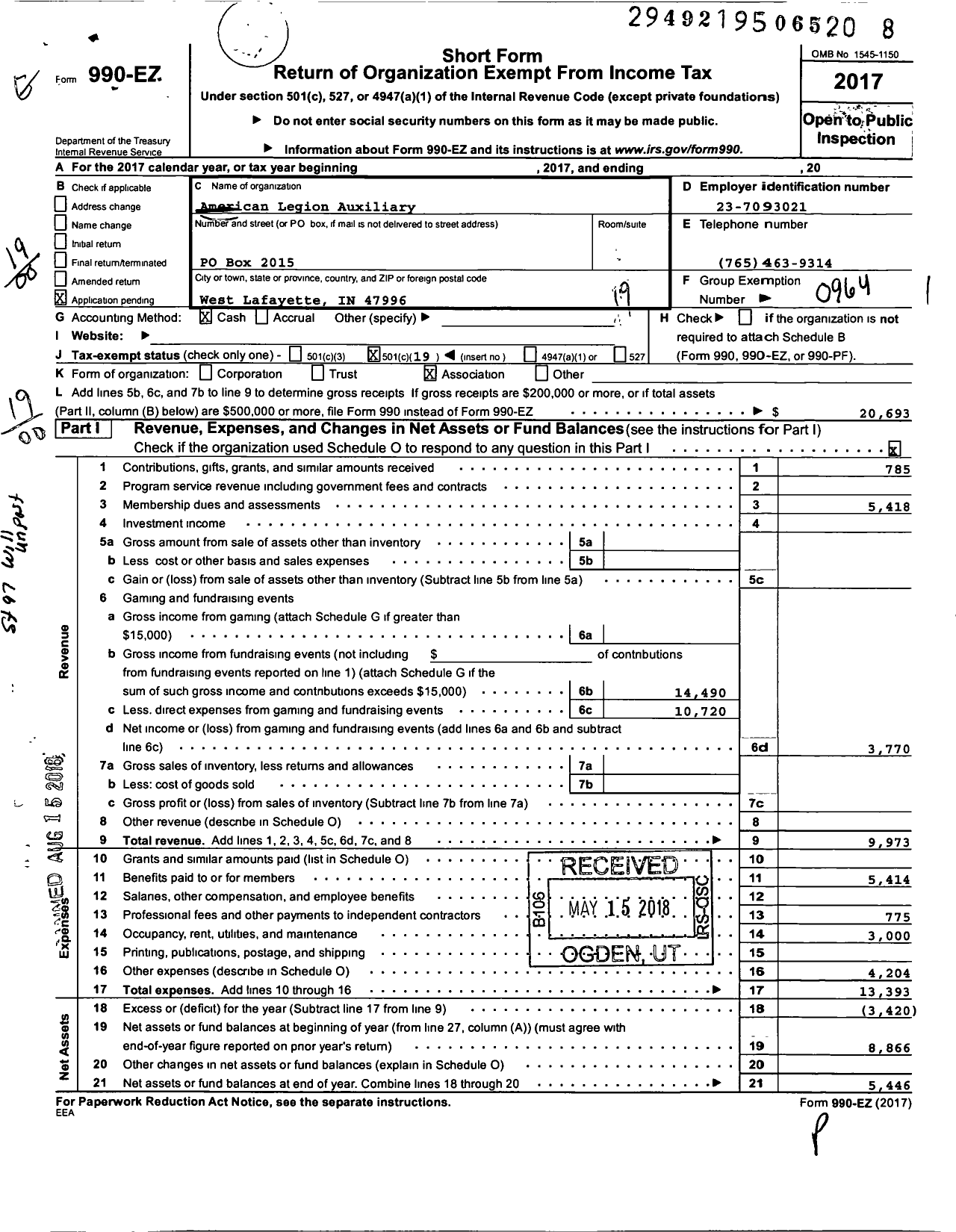 Image of first page of 2017 Form 990EO for American Legion Auxiliary 492 West Lafayette