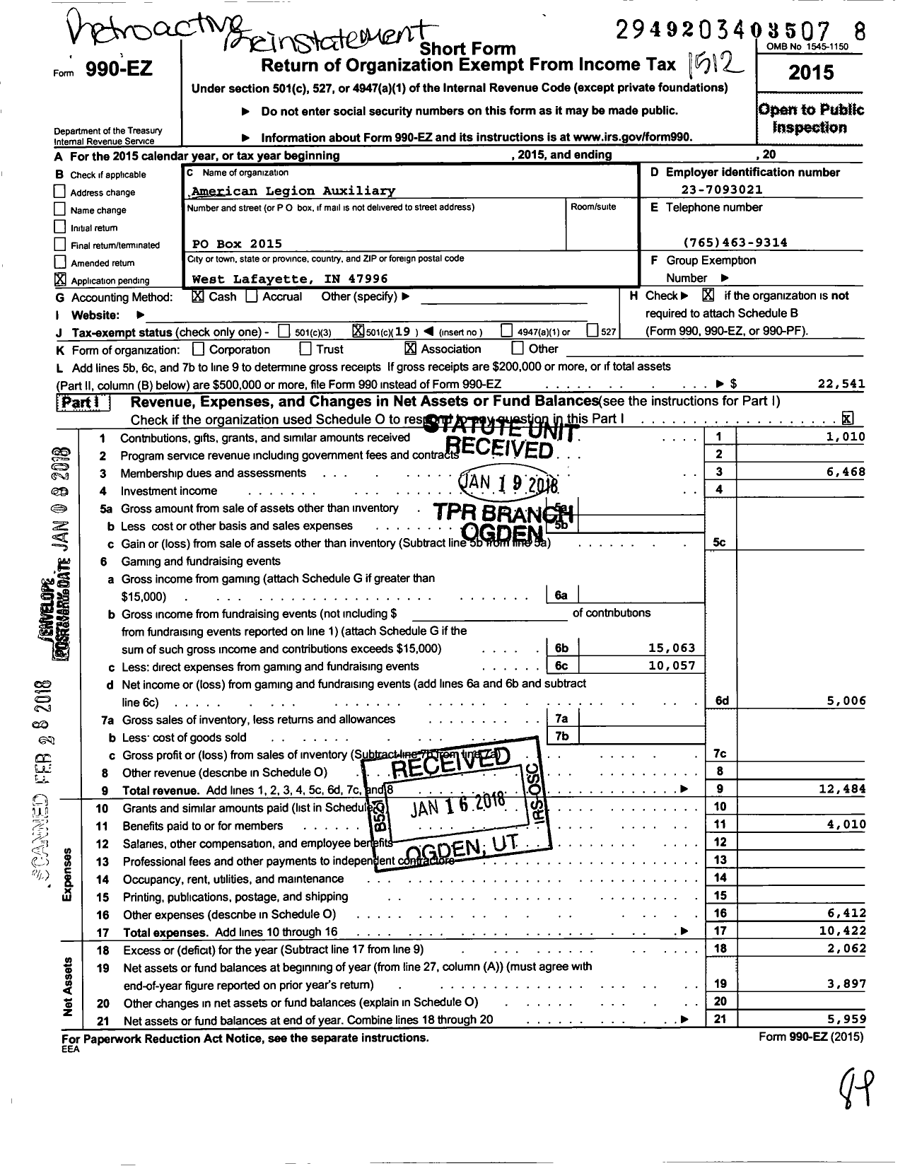 Image of first page of 2015 Form 990EO for American Legion Auxiliary 492 West Lafayette