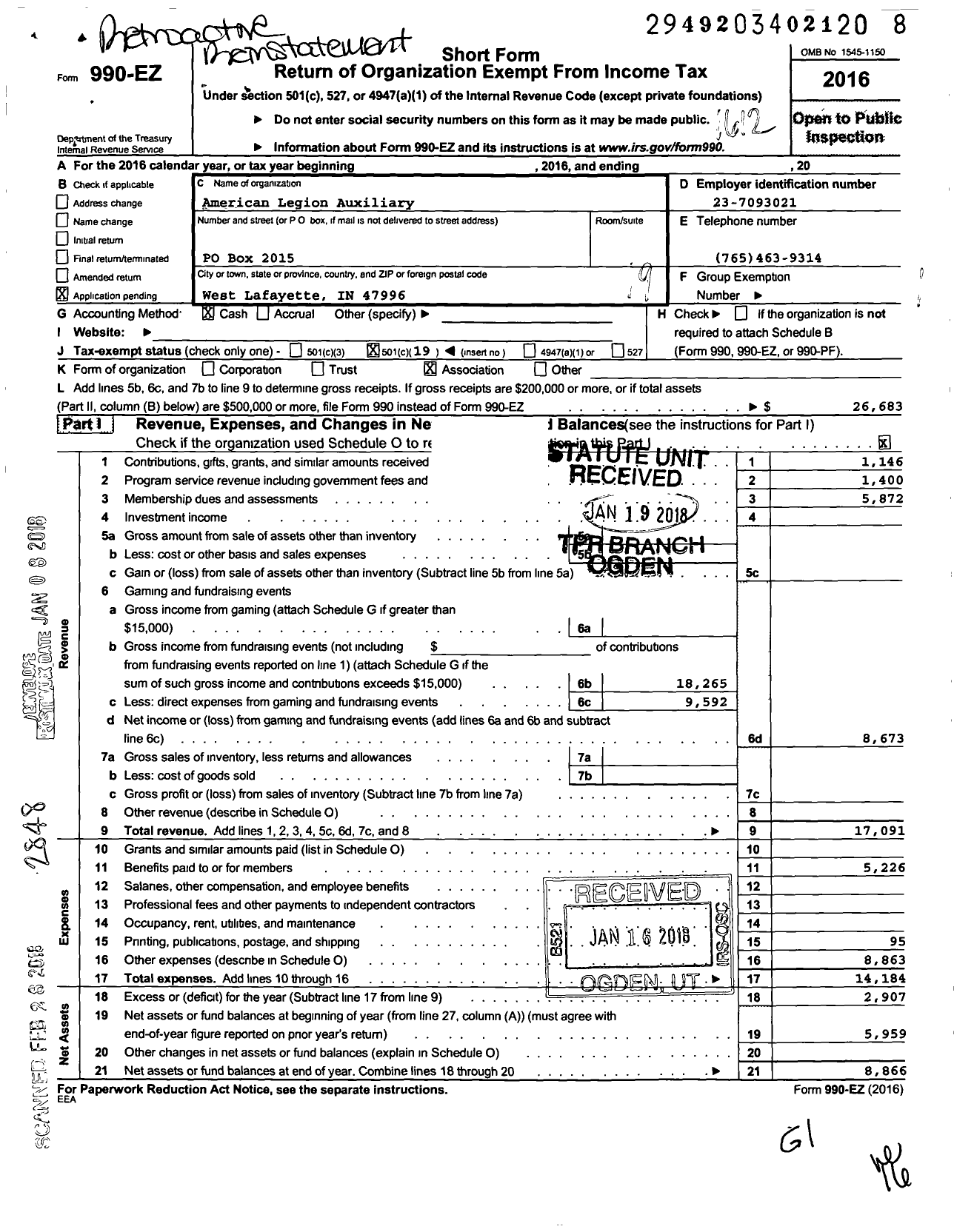 Image of first page of 2016 Form 990EO for American Legion Auxiliary 492 West Lafayette