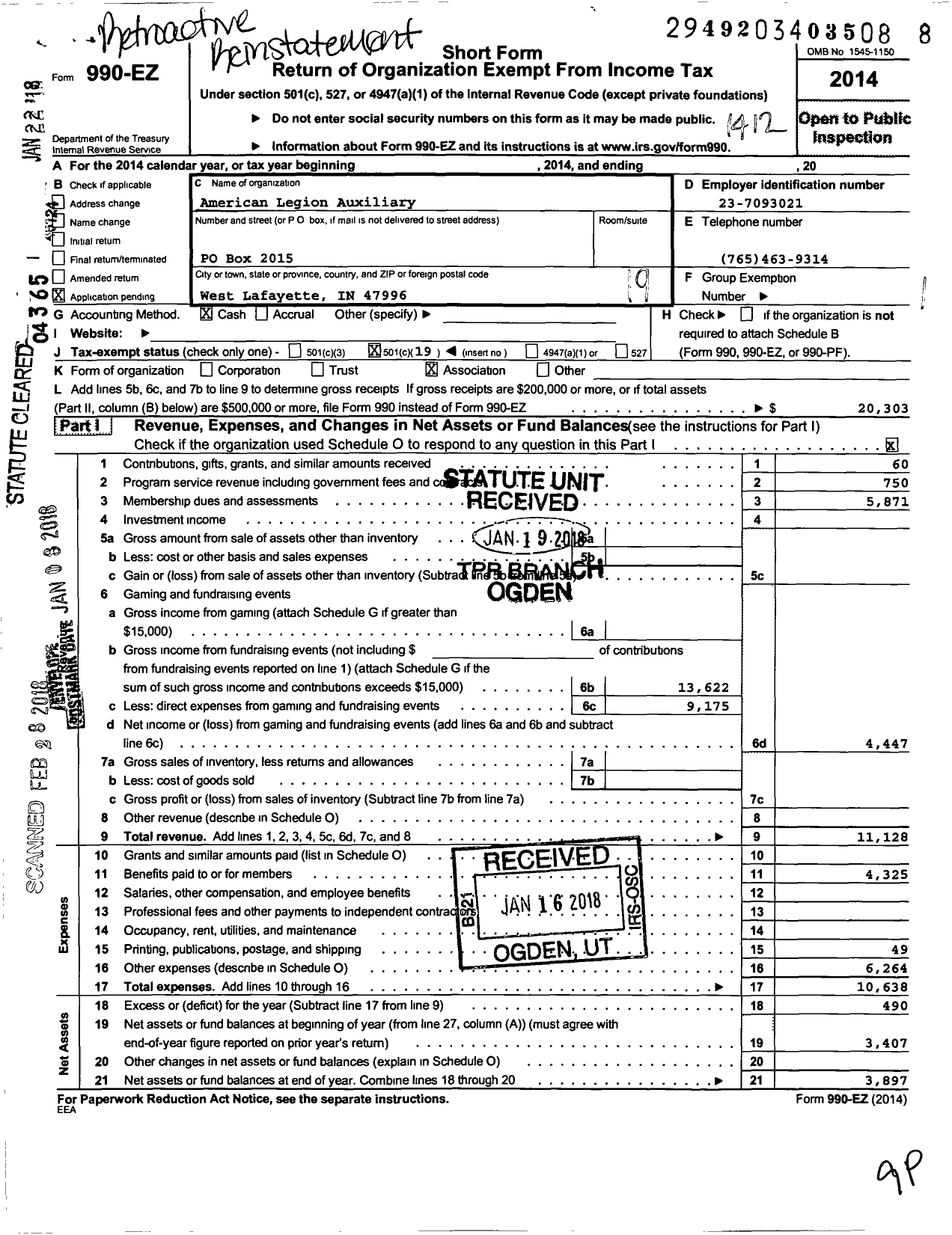 Image of first page of 2014 Form 990EO for American Legion Auxiliary 492 West Lafayette