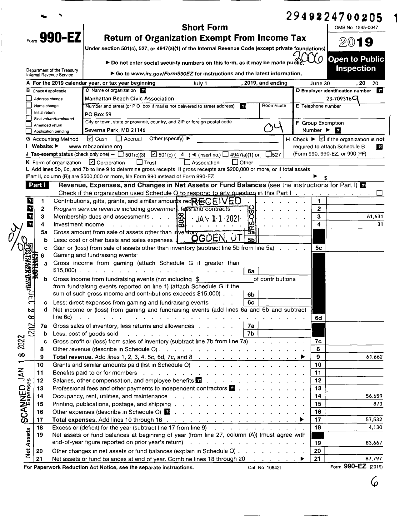 Image of first page of 2019 Form 990EO for Manhattan Beach Civic Association