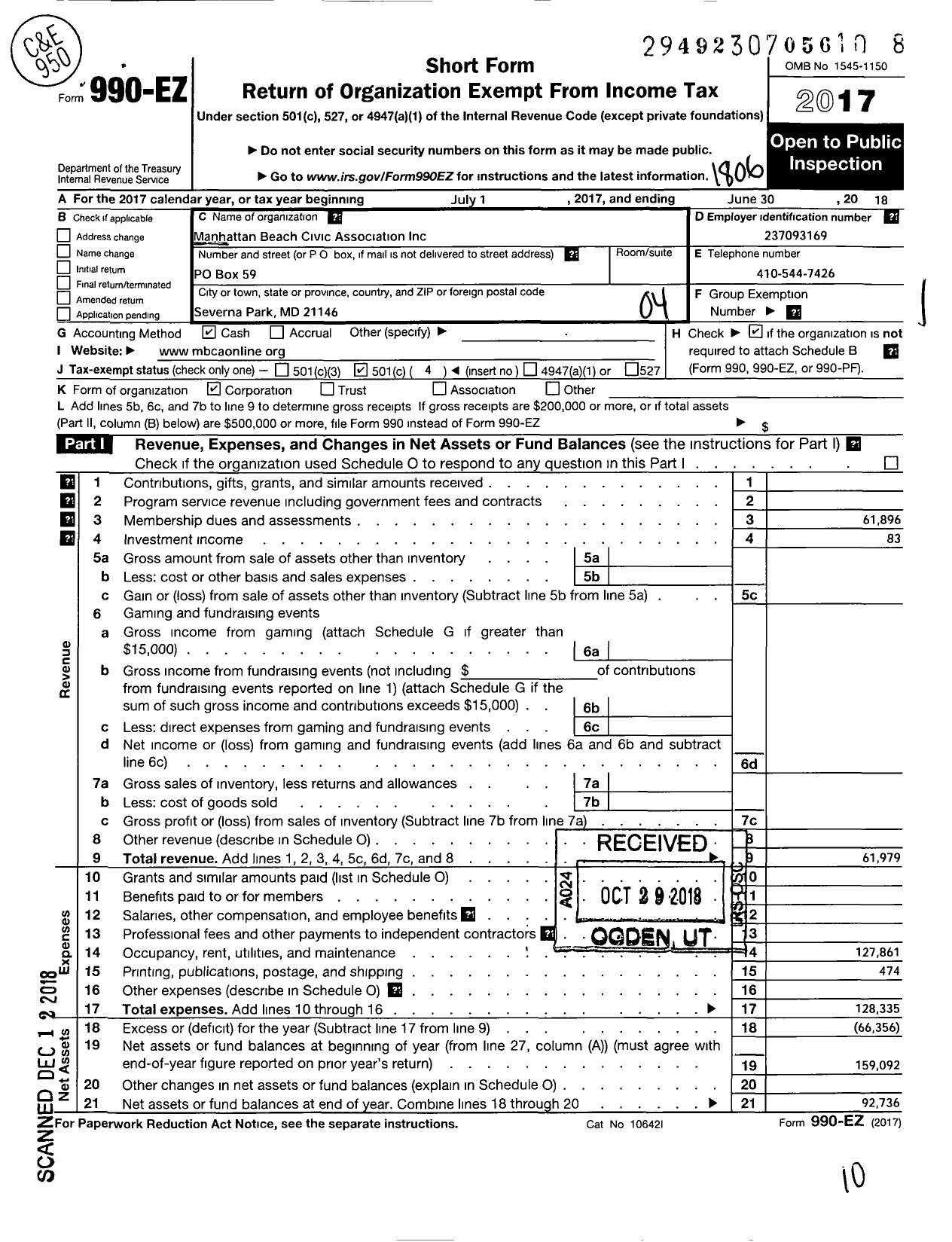 Image of first page of 2017 Form 990EO for Manhattan Beach Civic Association