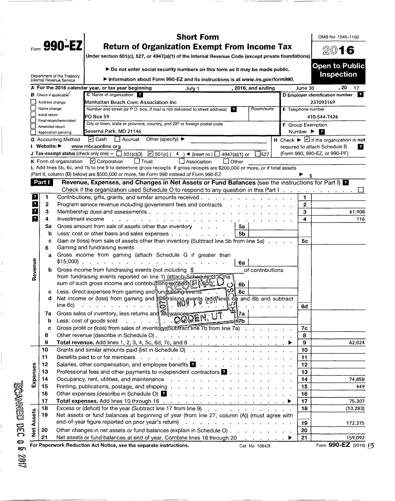 Image of first page of 2016 Form 990EO for Manhattan Beach Civic Association