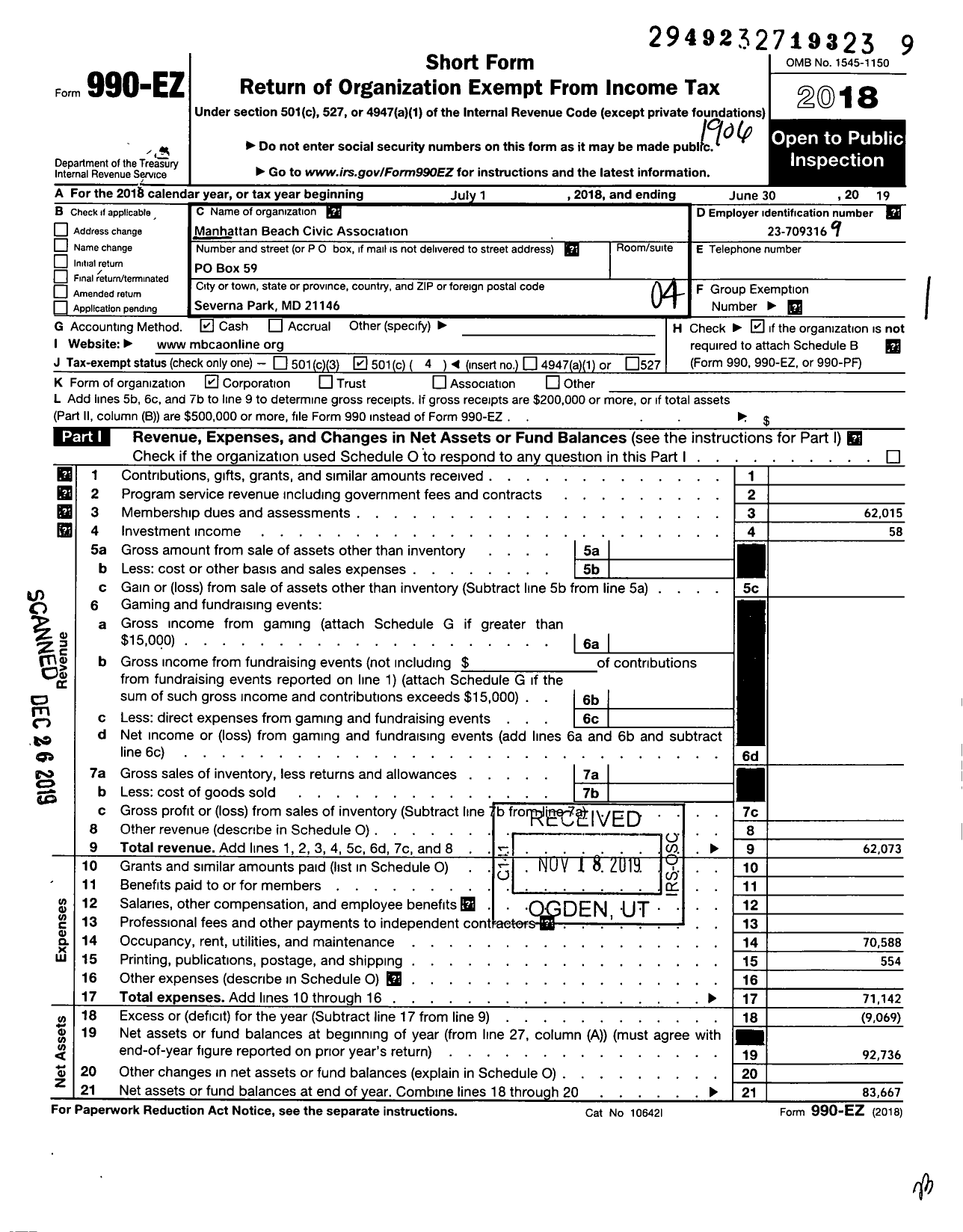 Image of first page of 2018 Form 990EO for Manhattan Beach Civic Association