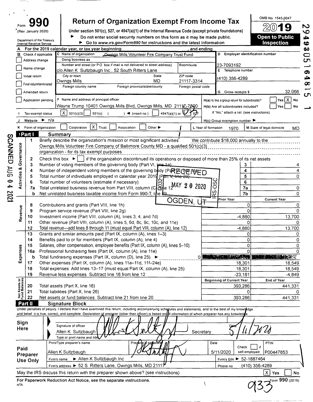 Image of first page of 2019 Form 990 for Owings Mills Volunteer Fire Company Trust