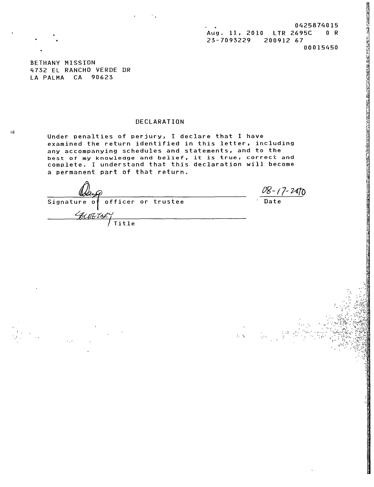 Image of first page of 2009 Form 990ER for Bethany Mission