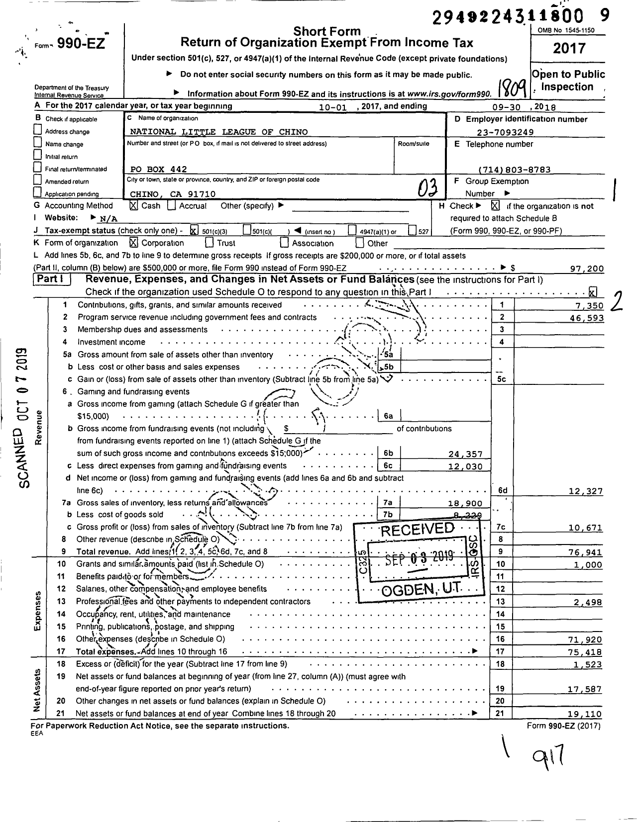 Image of first page of 2017 Form 990EZ for Little League Baseball - 4052302 Chino National LL