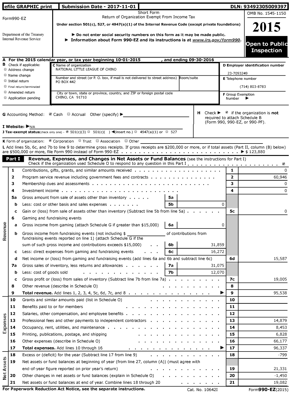 Image of first page of 2015 Form 990EZ for Little League Baseball - 4052302 Chino National LL