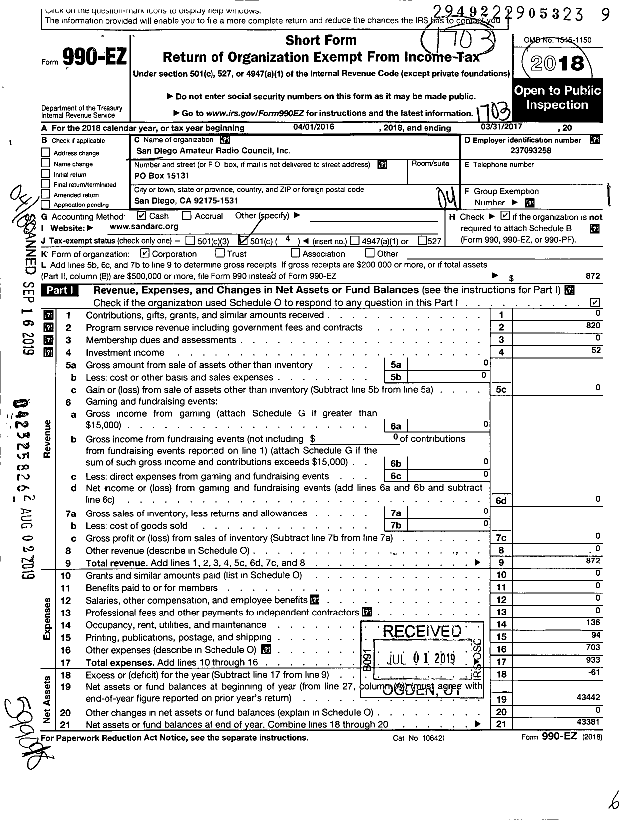 Image of first page of 2016 Form 990EO for San Diego County Amateur Radio Council