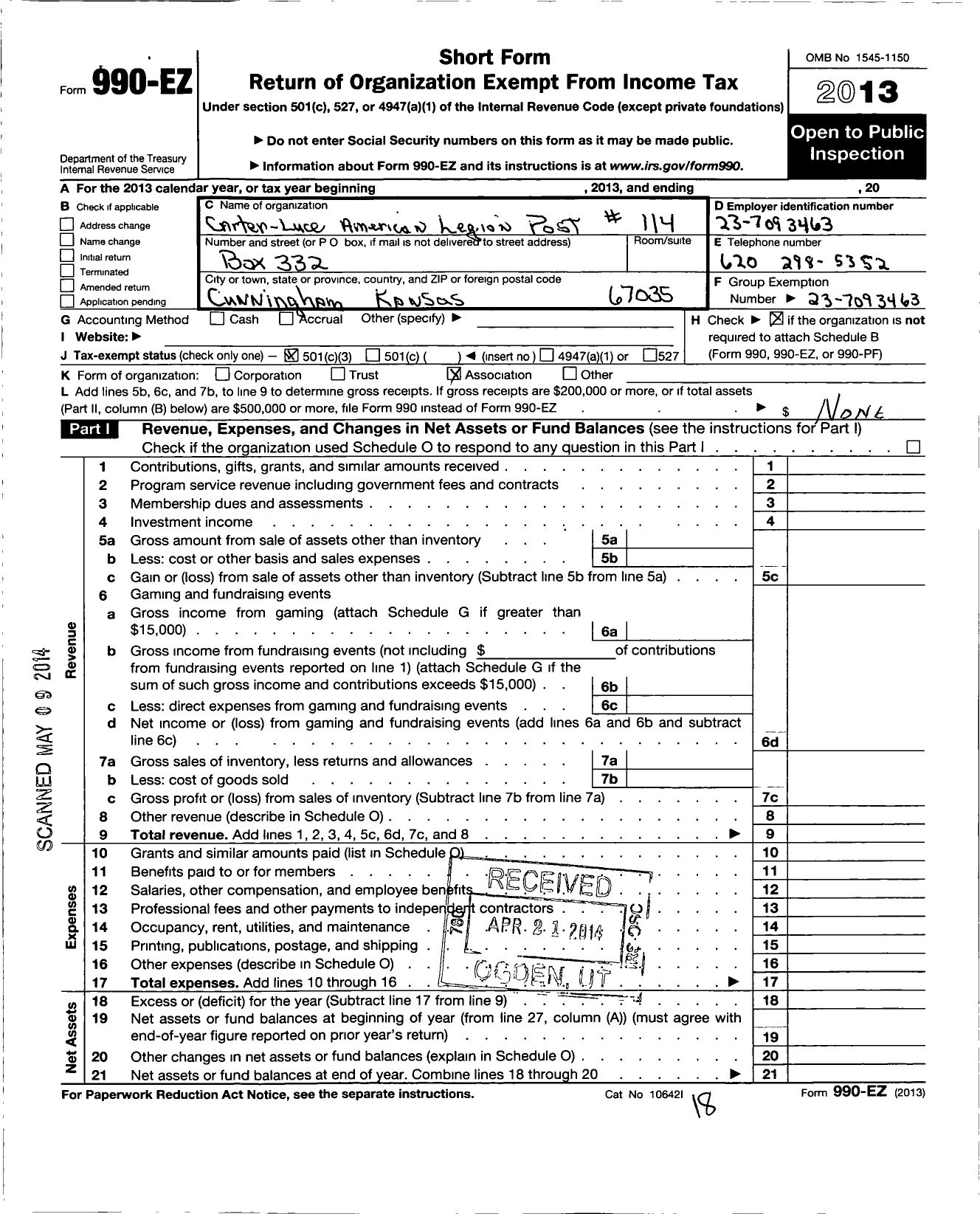 Image of first page of 2013 Form 990EZ for American Legion - 114 Carter-Luce