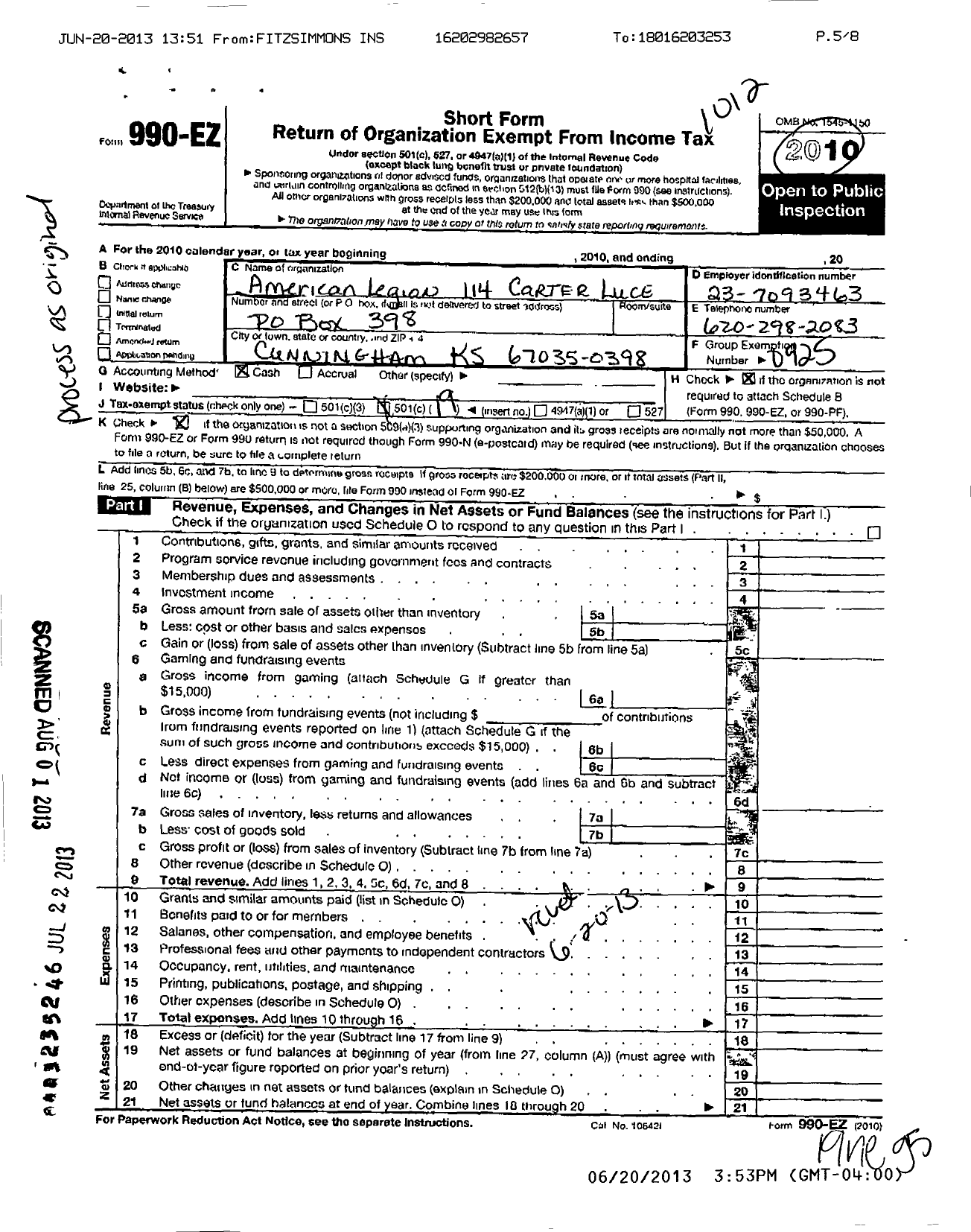 Image of first page of 2010 Form 990EO for American Legion - 114 Carter-Luce