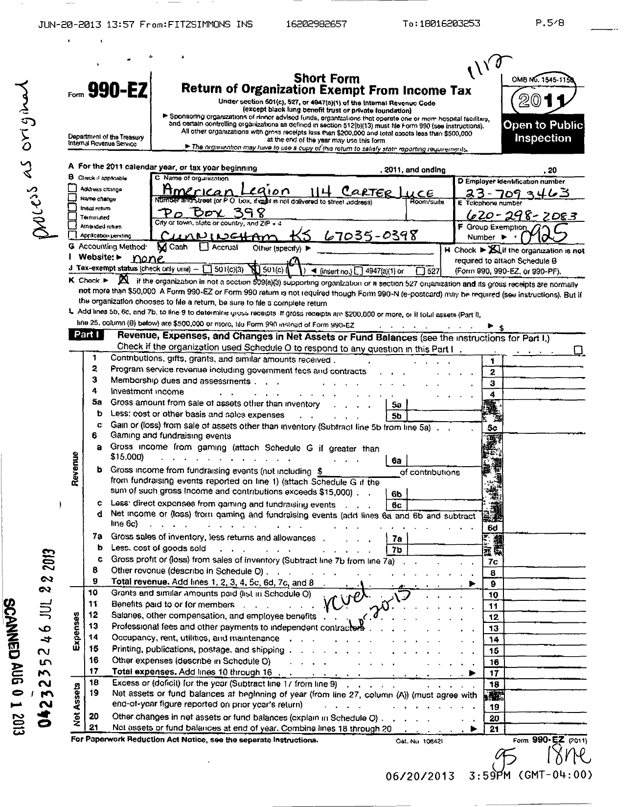 Image of first page of 2011 Form 990EO for American Legion - 114 Carter-Luce