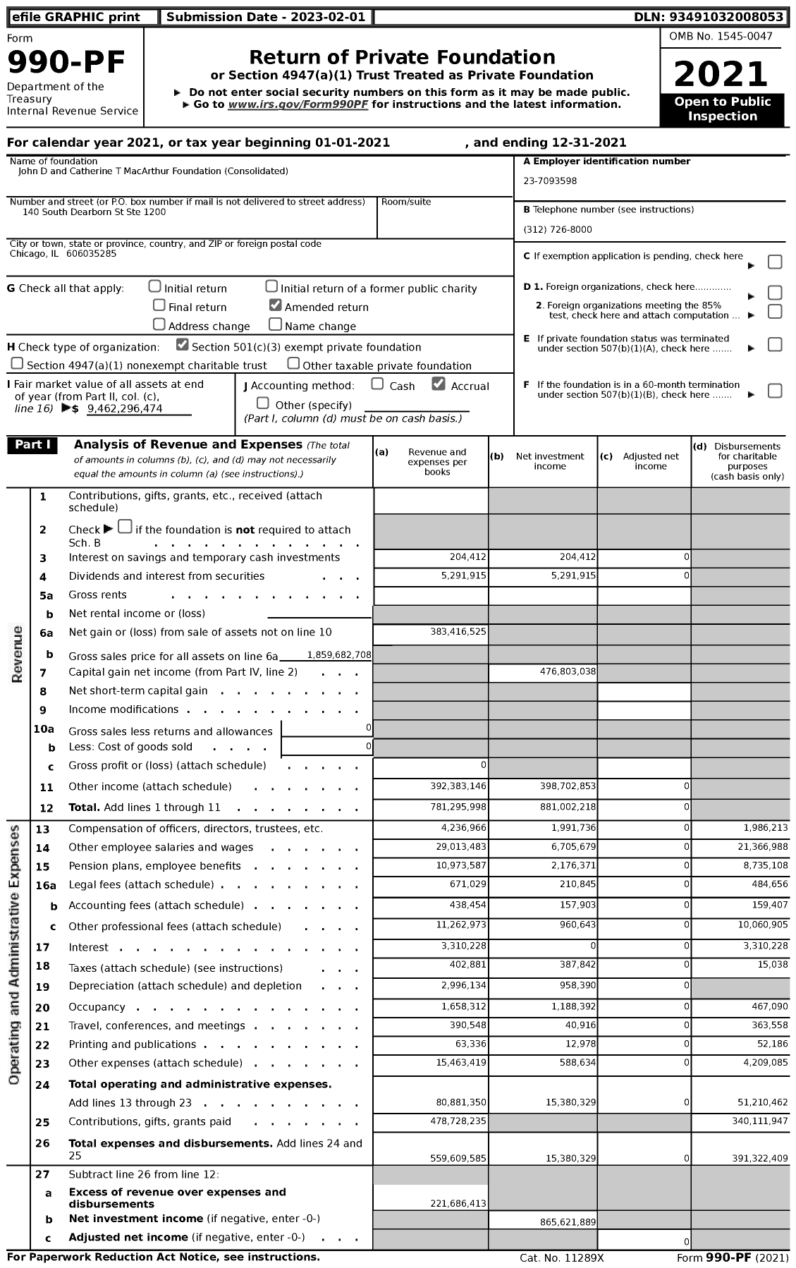 Image of first page of 2021 Form 990PF for John D and Catherine T MacArthur Foundation