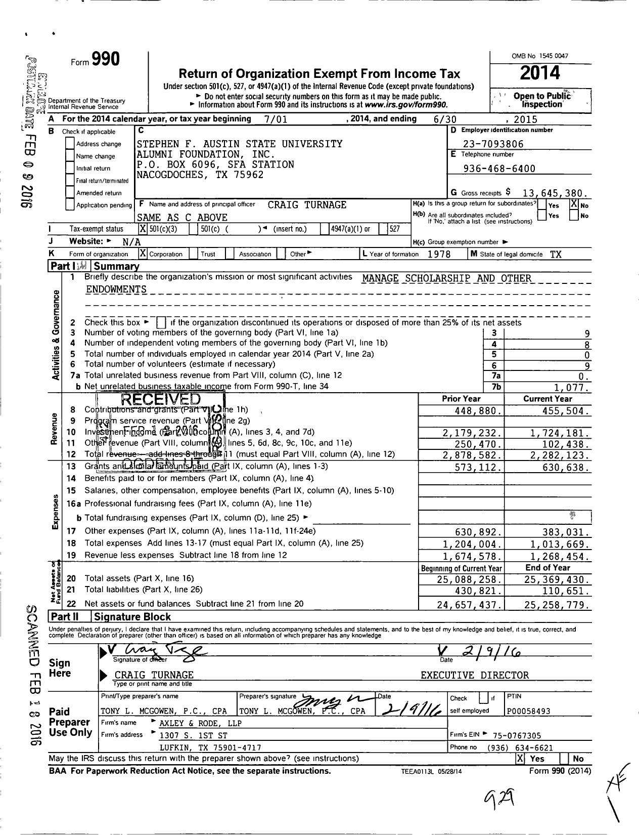 Image of first page of 2014 Form 990 for Stephen F Austin State University Alumni Foundation