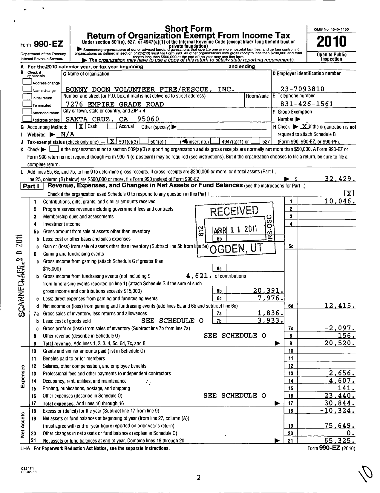 Image of first page of 2010 Form 990EZ for Bonny Doon Volunteer Fire-Rescue