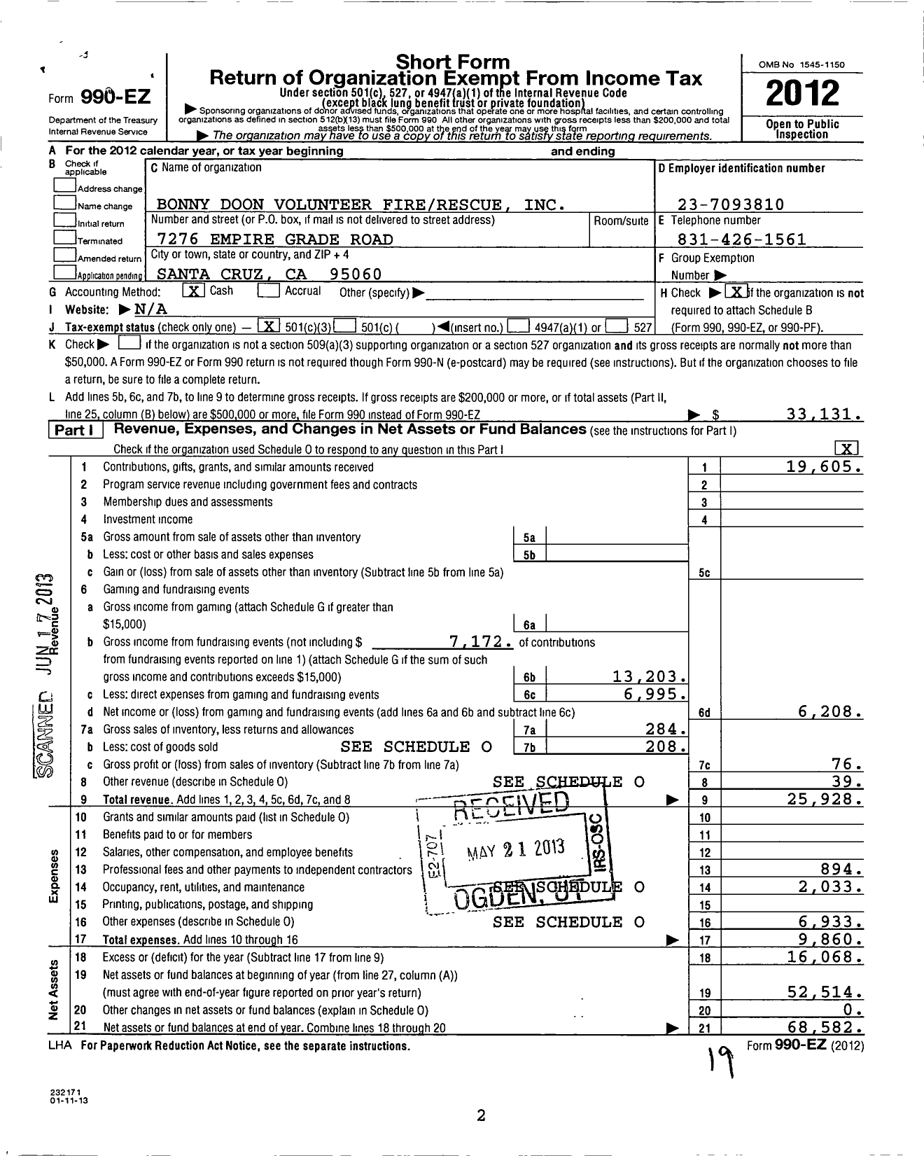 Image of first page of 2012 Form 990EZ for Bonny Doon Volunteer Fire-Rescue