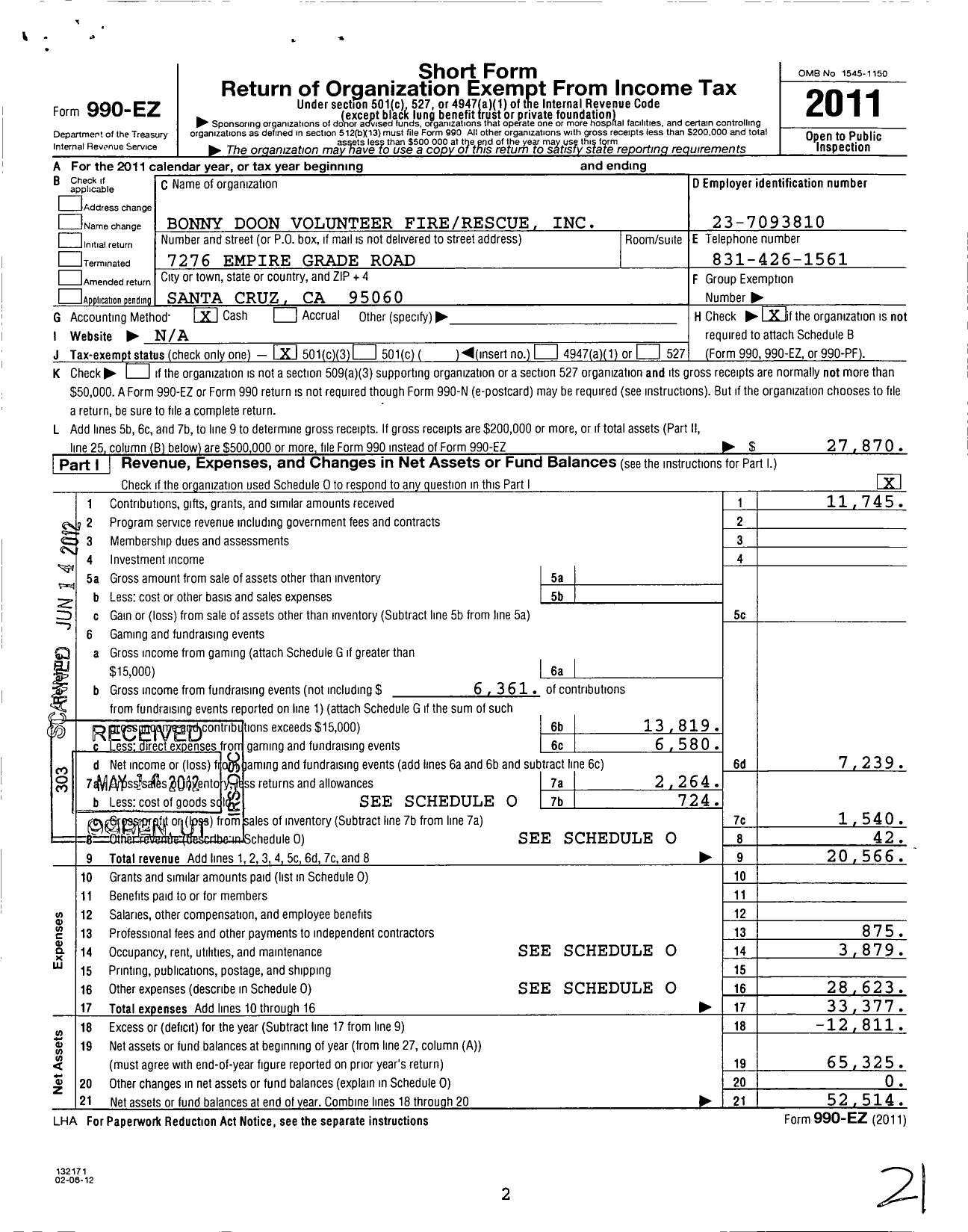 Image of first page of 2011 Form 990EZ for Bonny Doon Volunteer Fire-Rescue