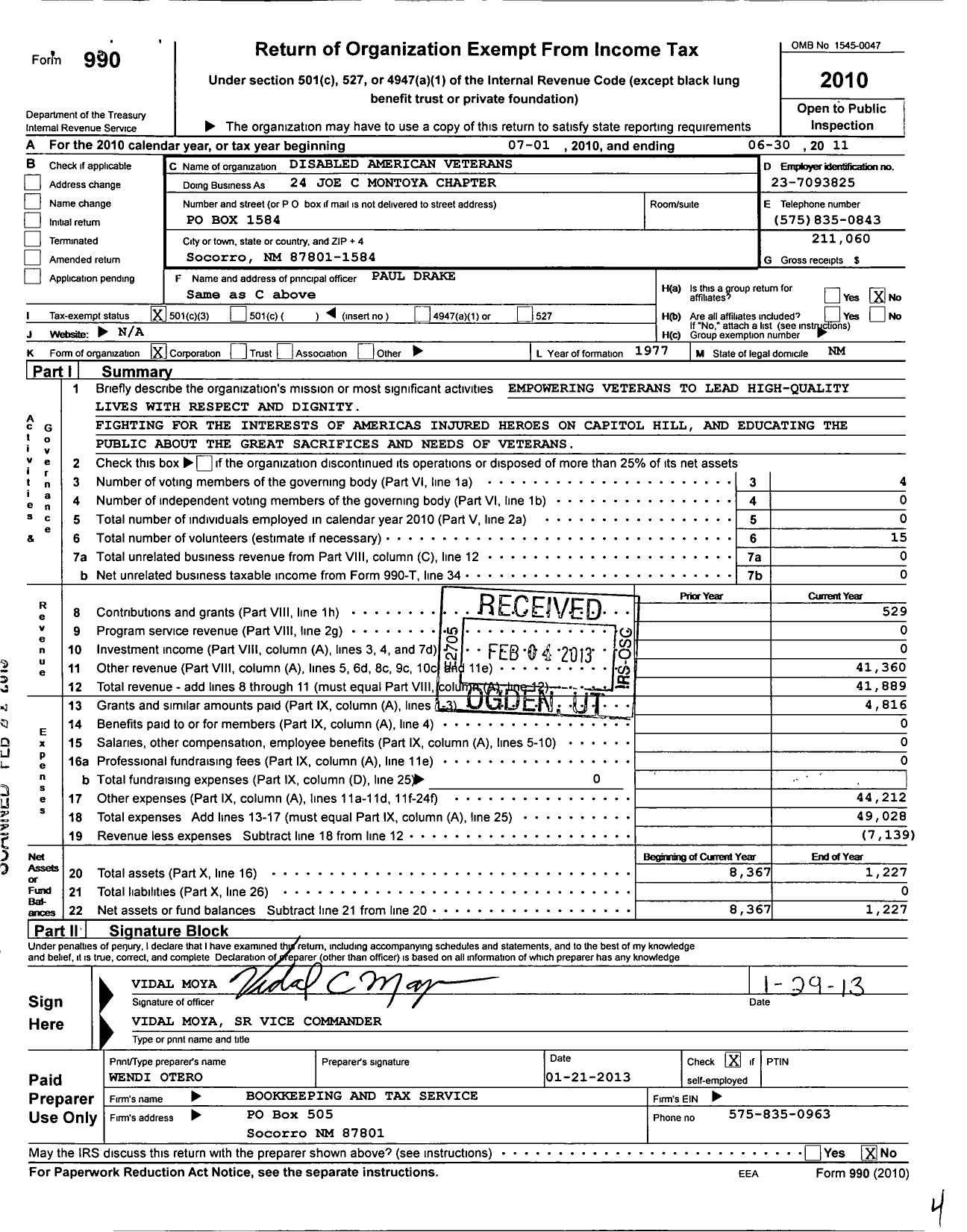 Image of first page of 2010 Form 990 for Disabled American Veterans - 24 Joe C Montoya