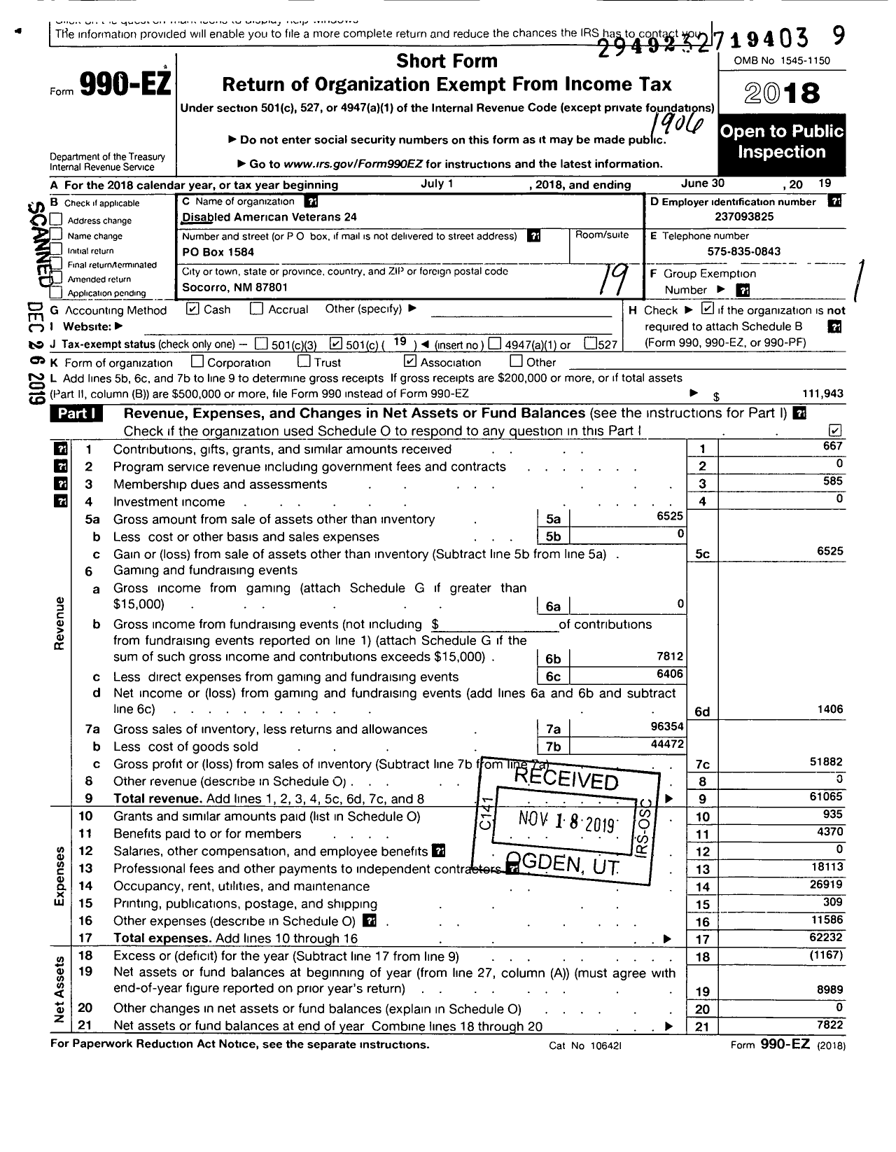 Image of first page of 2018 Form 990EO for Disabled American Veterans - 24 Joe C Montoya