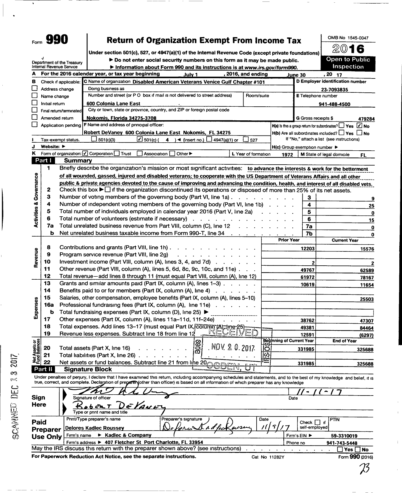 Image of first page of 2016 Form 990O for Disabled American Veterans Venice Gulf Chapter 101