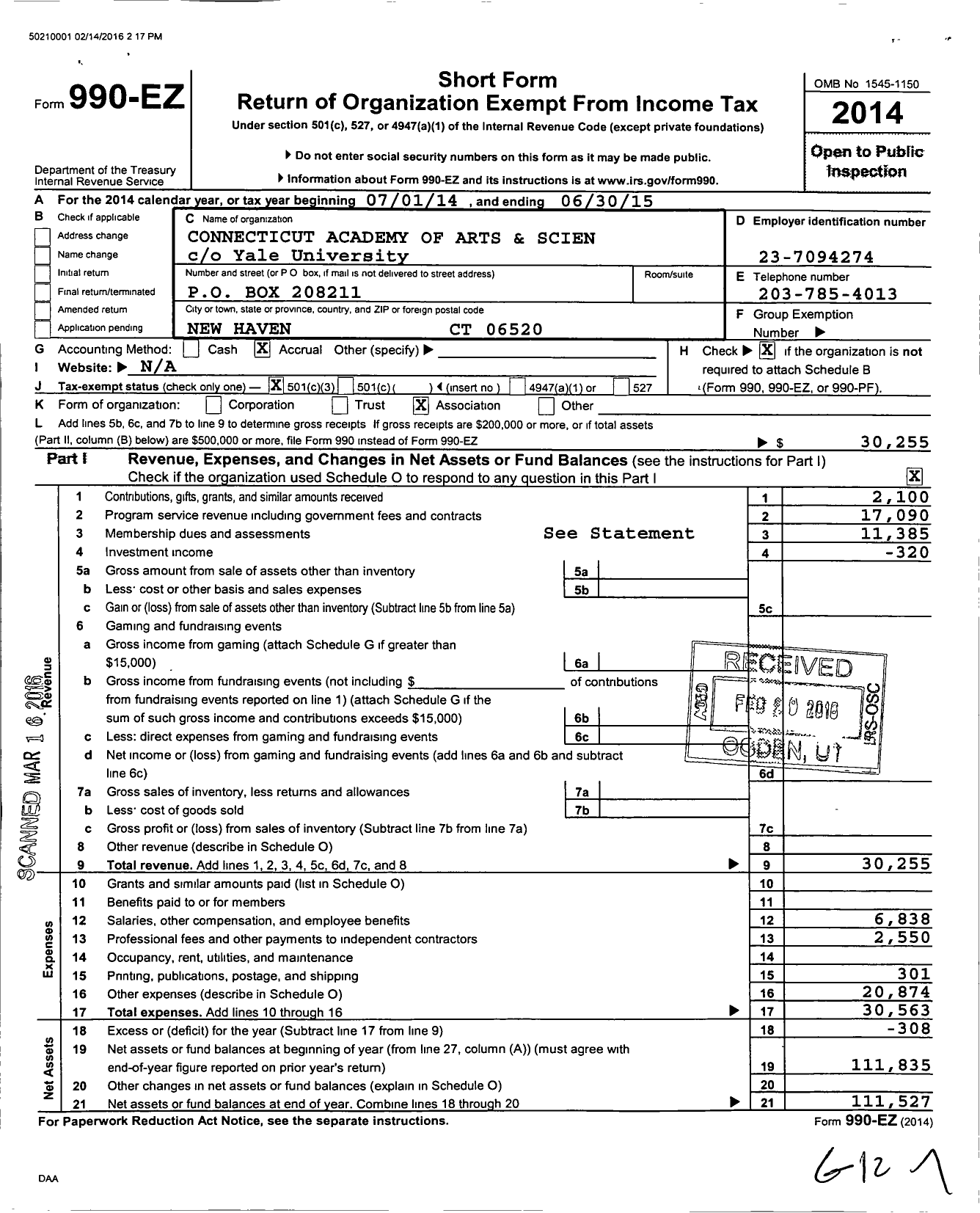 Image of first page of 2014 Form 990EZ for Connecticut Academy of Arts and Sciences Sciences