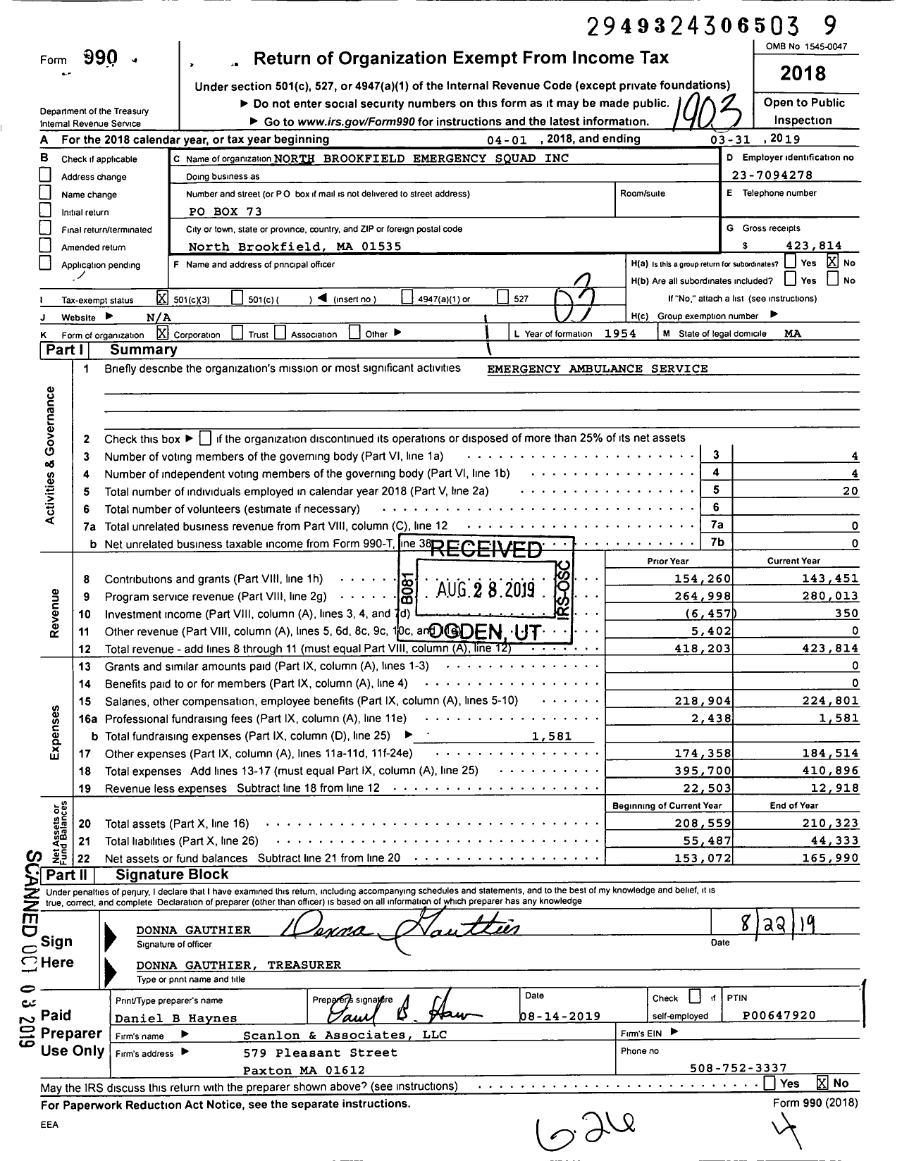 Image of first page of 2018 Form 990 for North Brookfield Emergency Squad