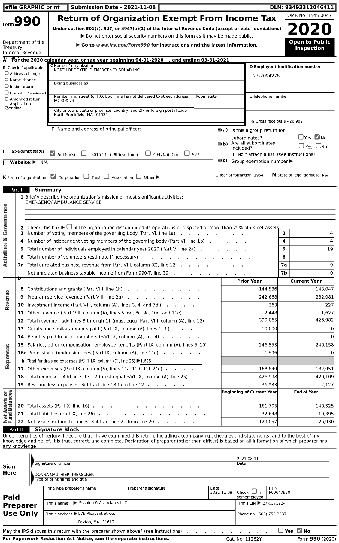 Image of first page of 2020 Form 990 for North Brookfield Emergency Squad