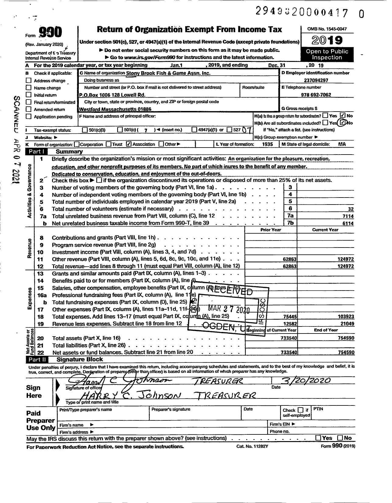 Image of first page of 2019 Form 990O for Stony Brook Fish and Game Association Johnson